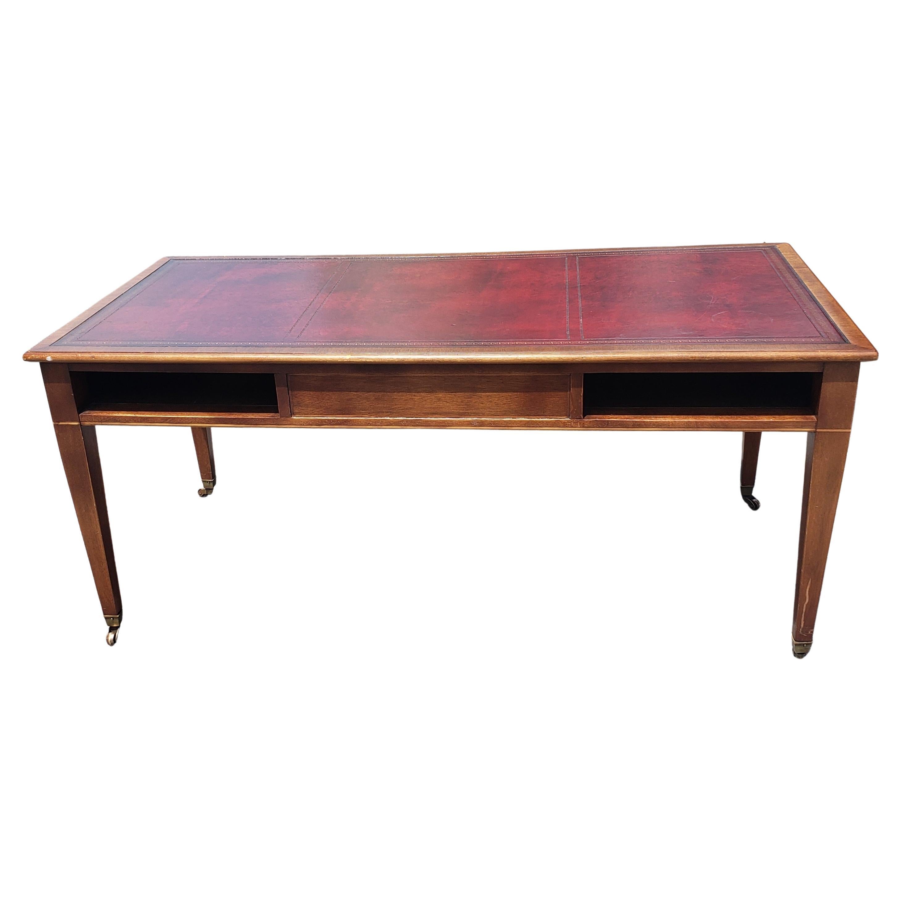 George III Style Mahogany Maroon Leather Inset Top Coffee Table on Wheels In Good Condition In Germantown, MD