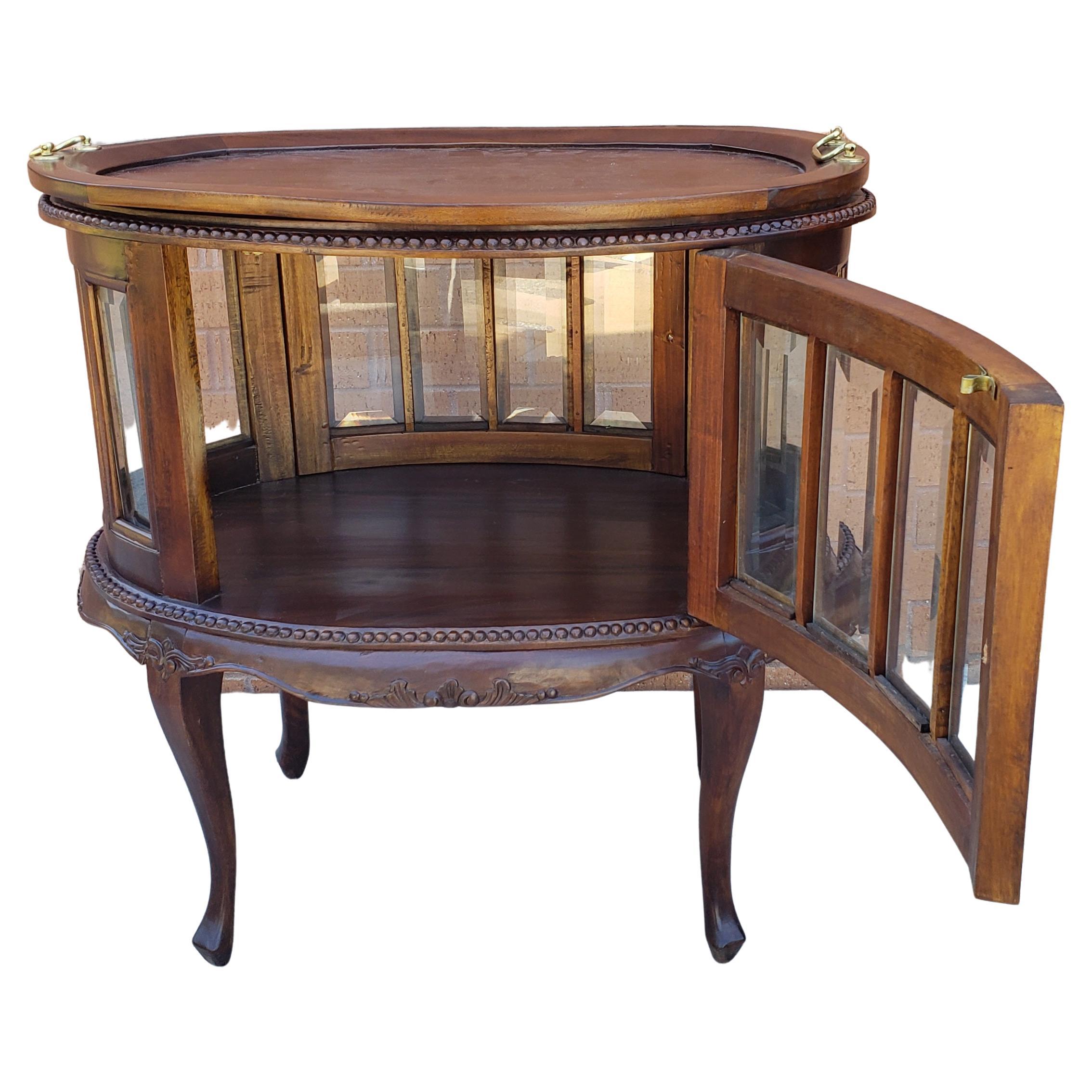 Brass George III Style Mahogany Oval Vitrine Table with Two-Handle Tray Top