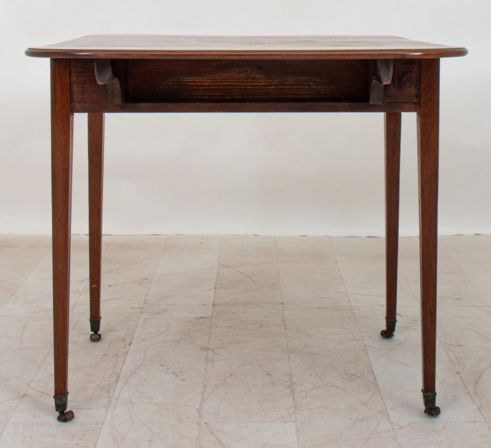 The George III style mahogany Pembroke table has a rectangular top and shaped drop leaves. The side features a drawer above tapering square legs. 

Dealer: S138XX



