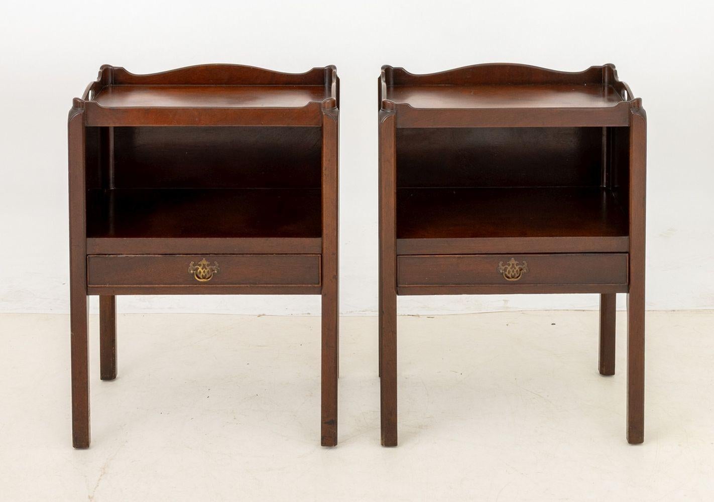 Pair of George III Style Mahogany Side Tables, each having faux two-handled removable tray top above and open shelf and one frieze drawer, 