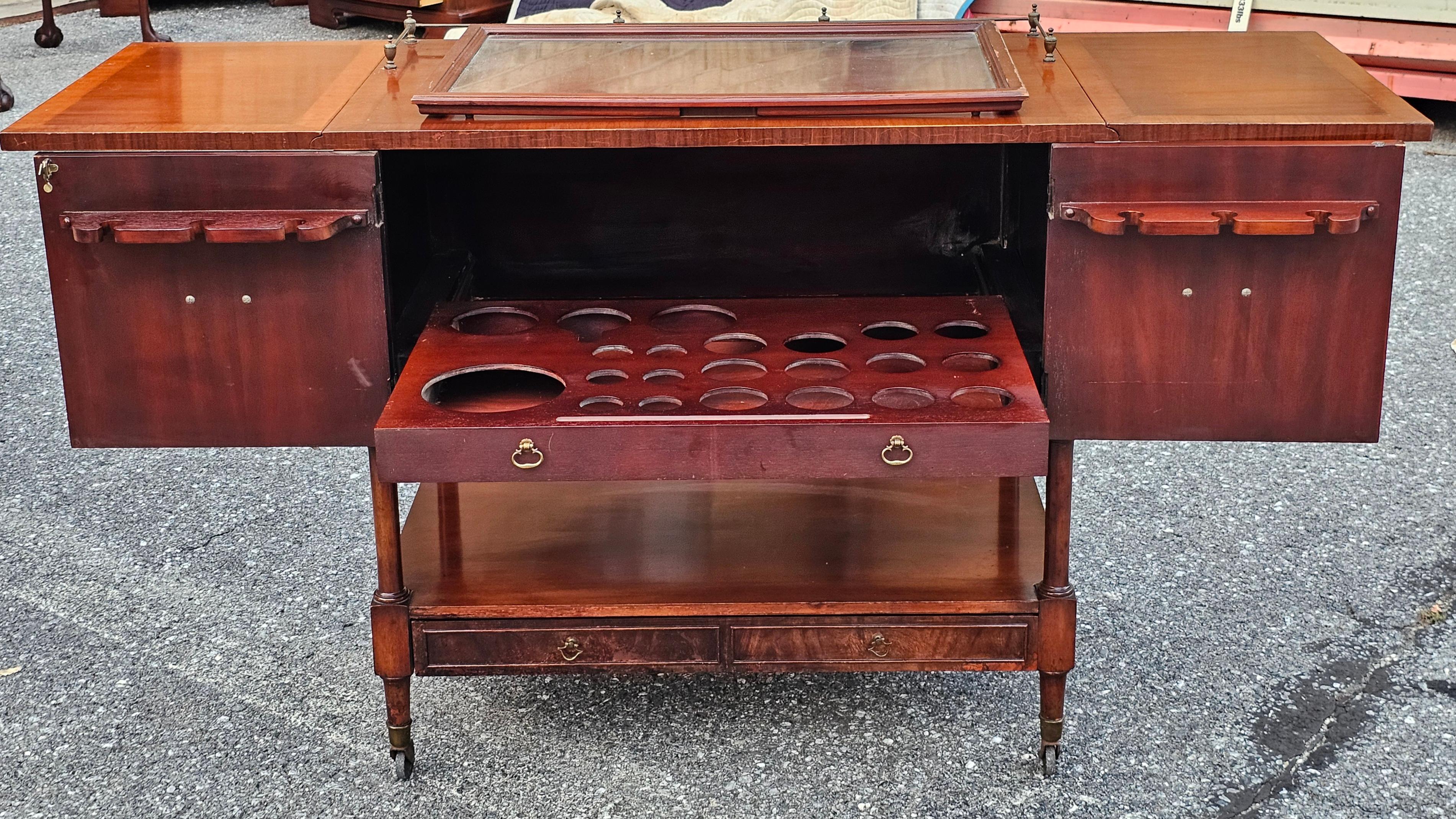 George III Style Marquetry Inlaid Mahogany Drop Leaf Wheeled Dry Bar For Sale 3