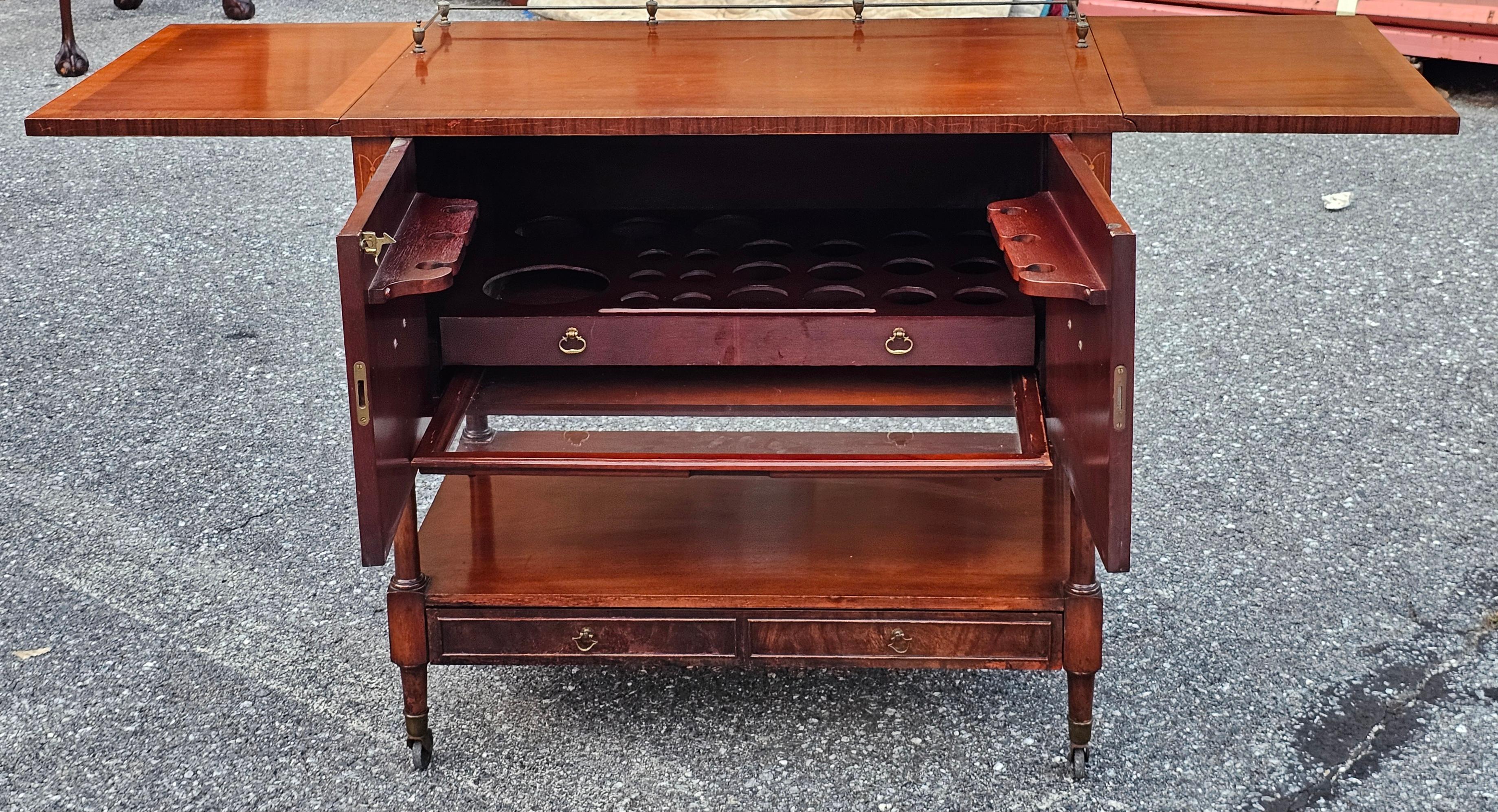 George III Style Marquetry Inlaid Mahogany Drop Leaf Wheeled Dry Bar For Sale 6