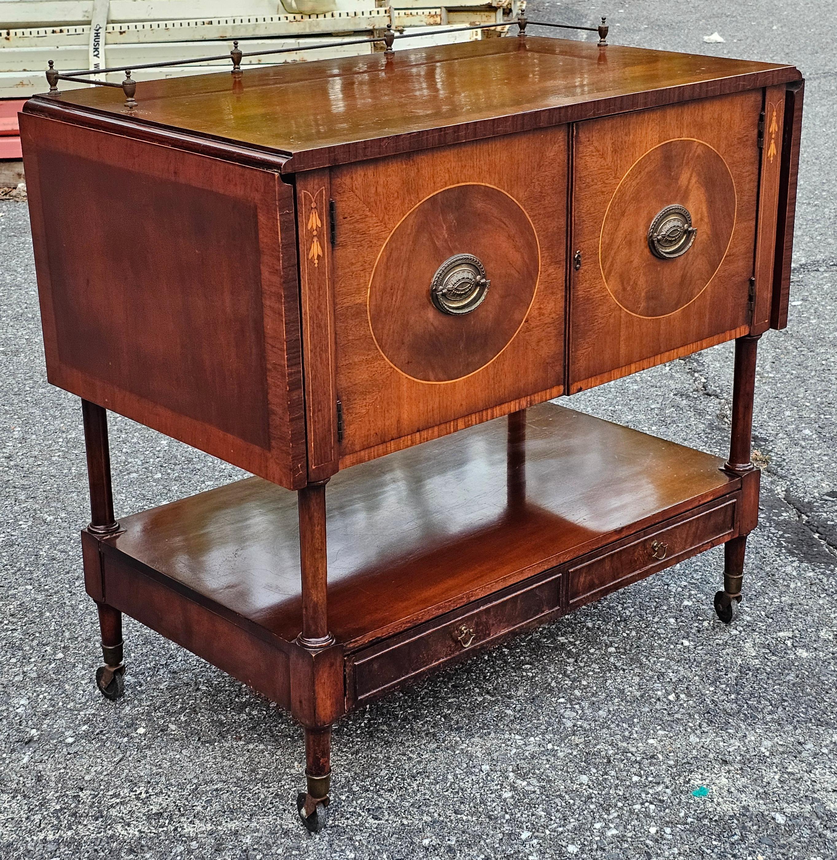 American George III Style Marquetry Inlaid Mahogany Drop Leaf Wheeled Dry Bar For Sale