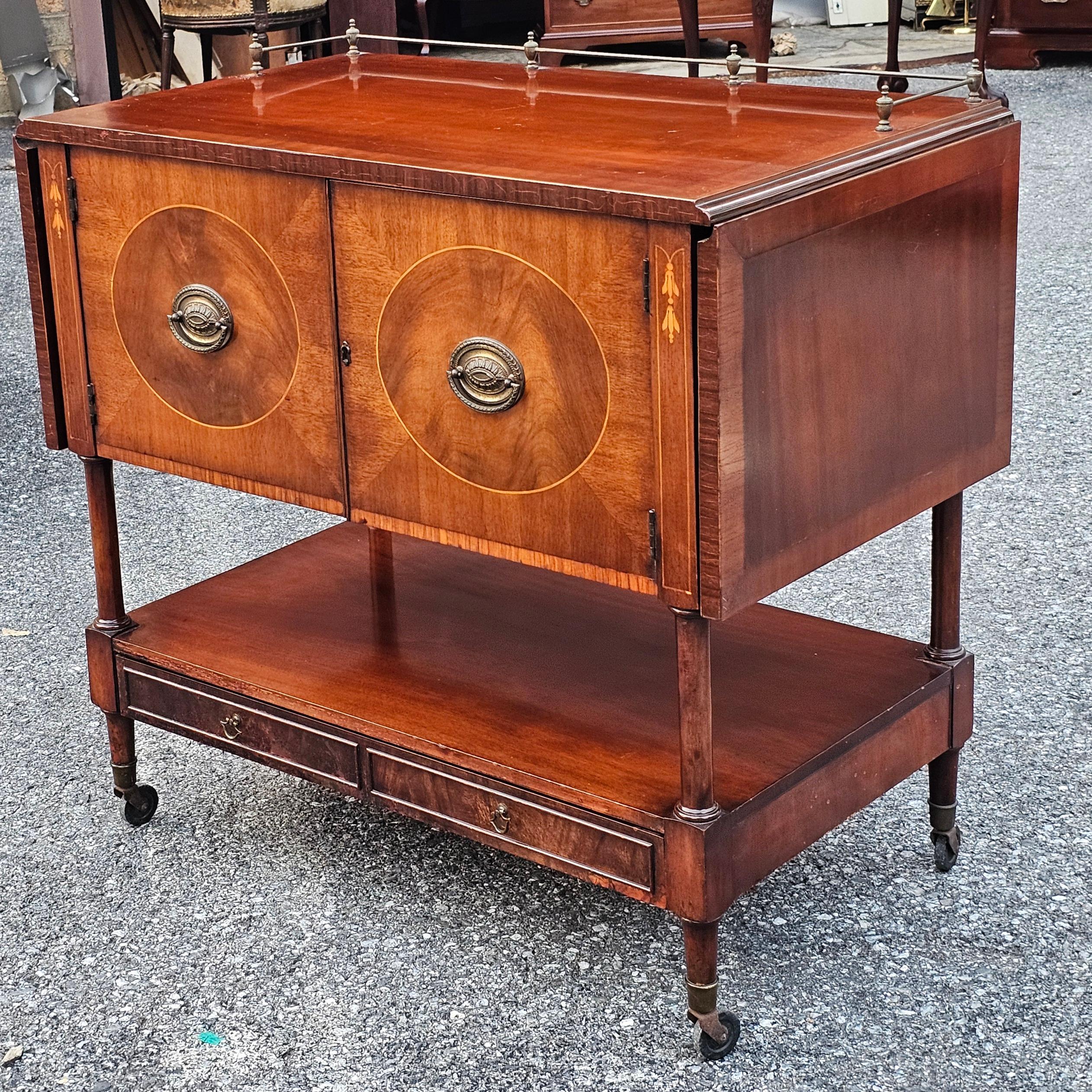 Stained George III Style Marquetry Inlaid Mahogany Drop Leaf Wheeled Dry Bar For Sale