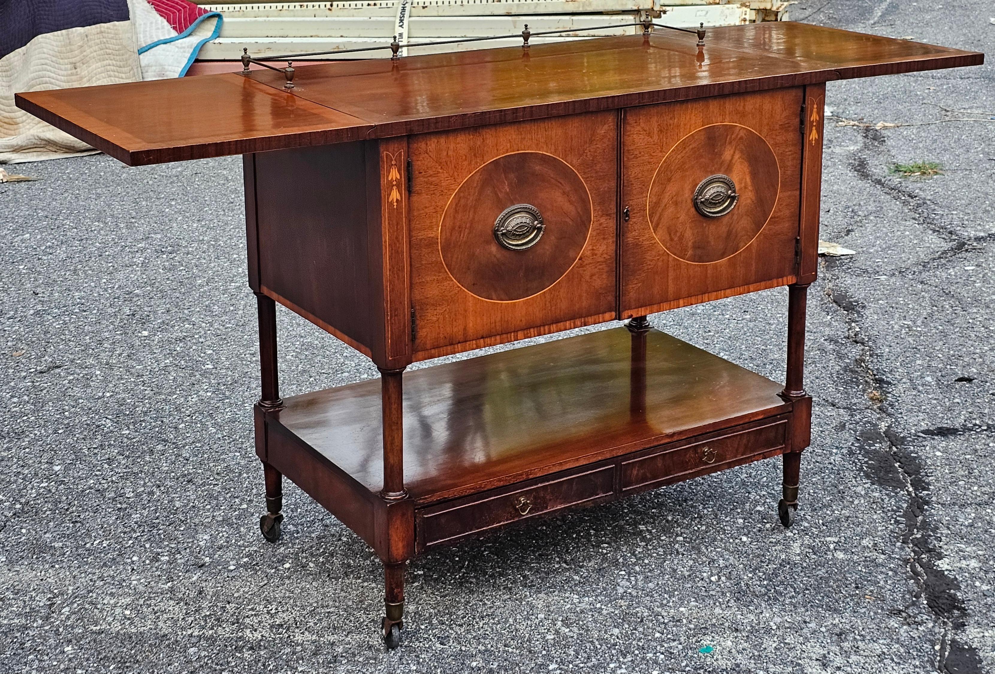 Brass George III Style Marquetry Inlaid Mahogany Drop Leaf Wheeled Dry Bar For Sale