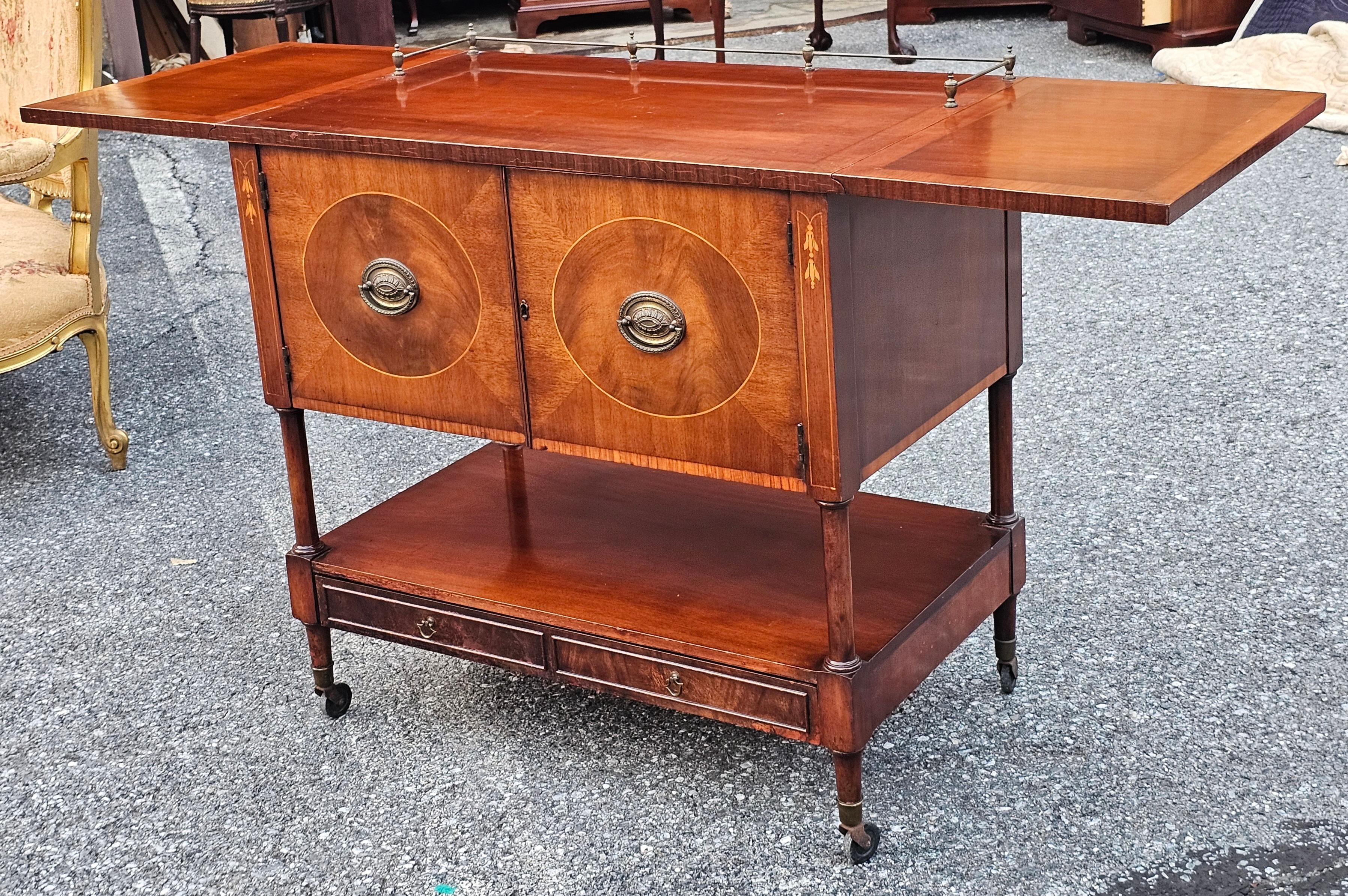 George III Style Marquetry Inlaid Mahogany Drop Leaf Wheeled Dry Bar For Sale 1