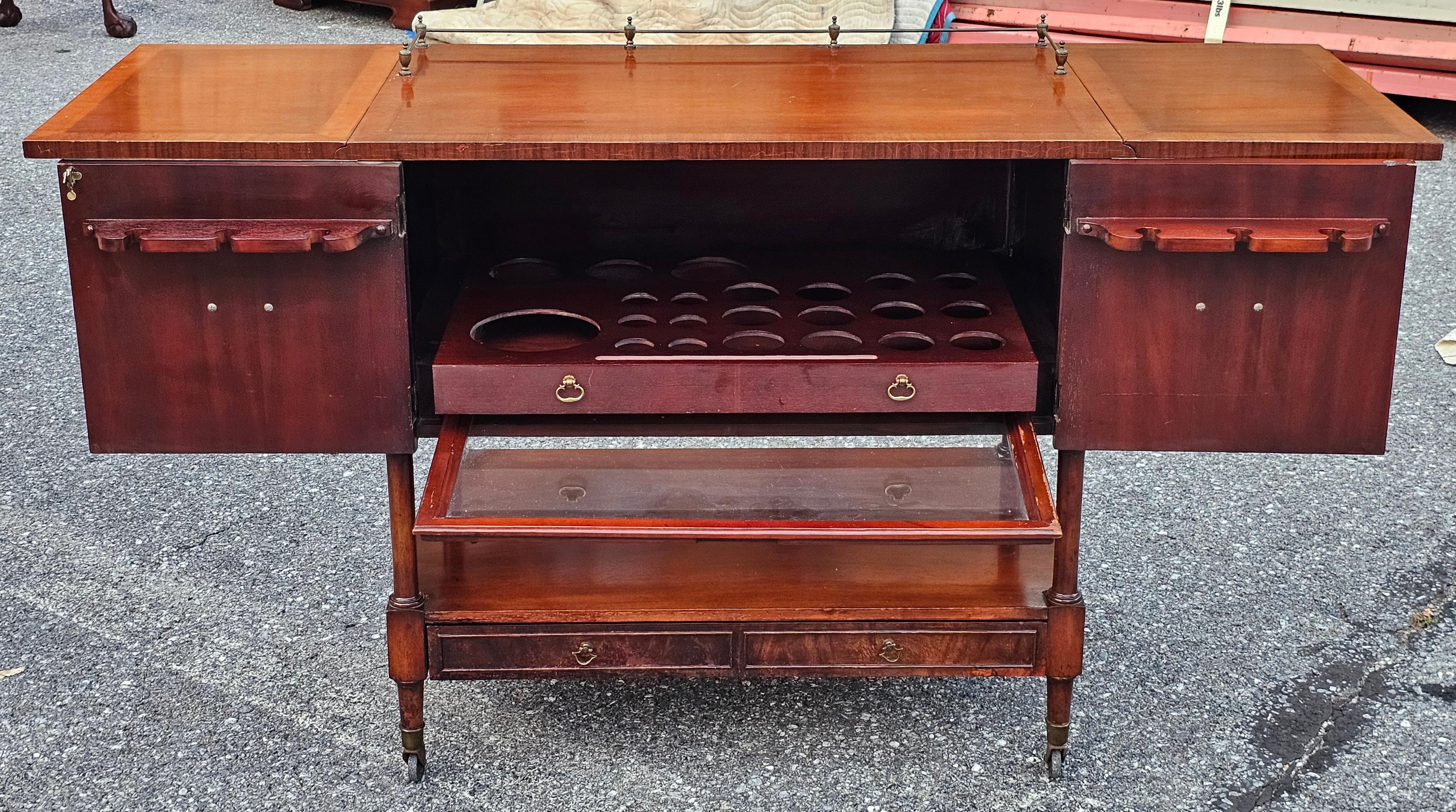 George III Style Marquetry Inlaid Mahogany Drop Leaf Wheeled Dry Bar For Sale 2