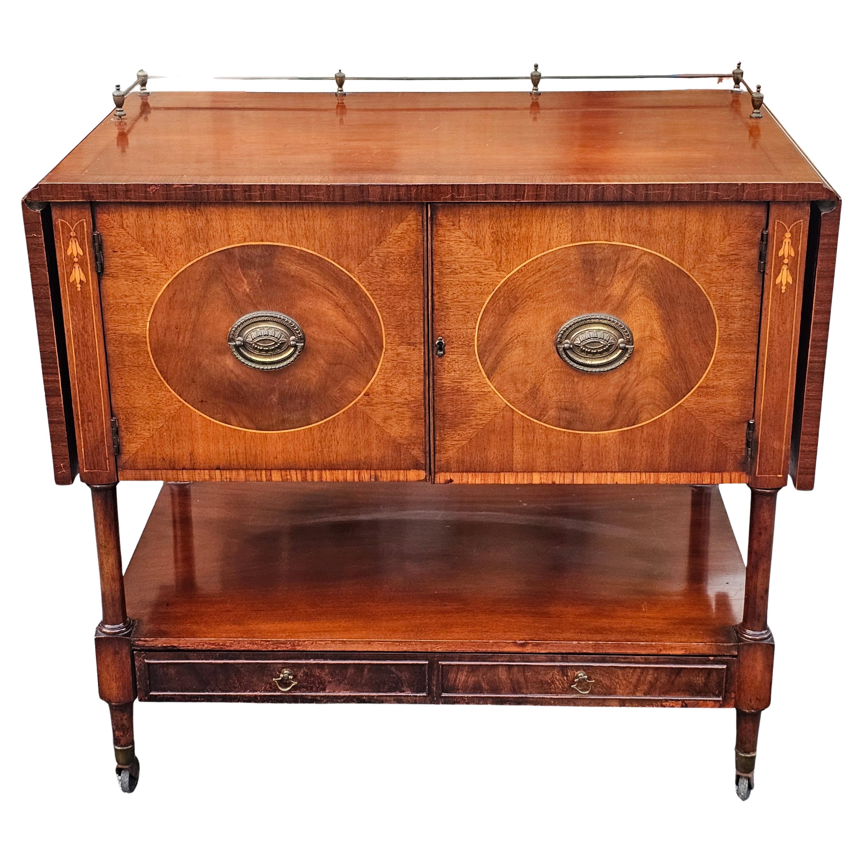 George III Style Marquetry Inlaid Mahogany Drop Leaf Wheeled Dry Bar For Sale
