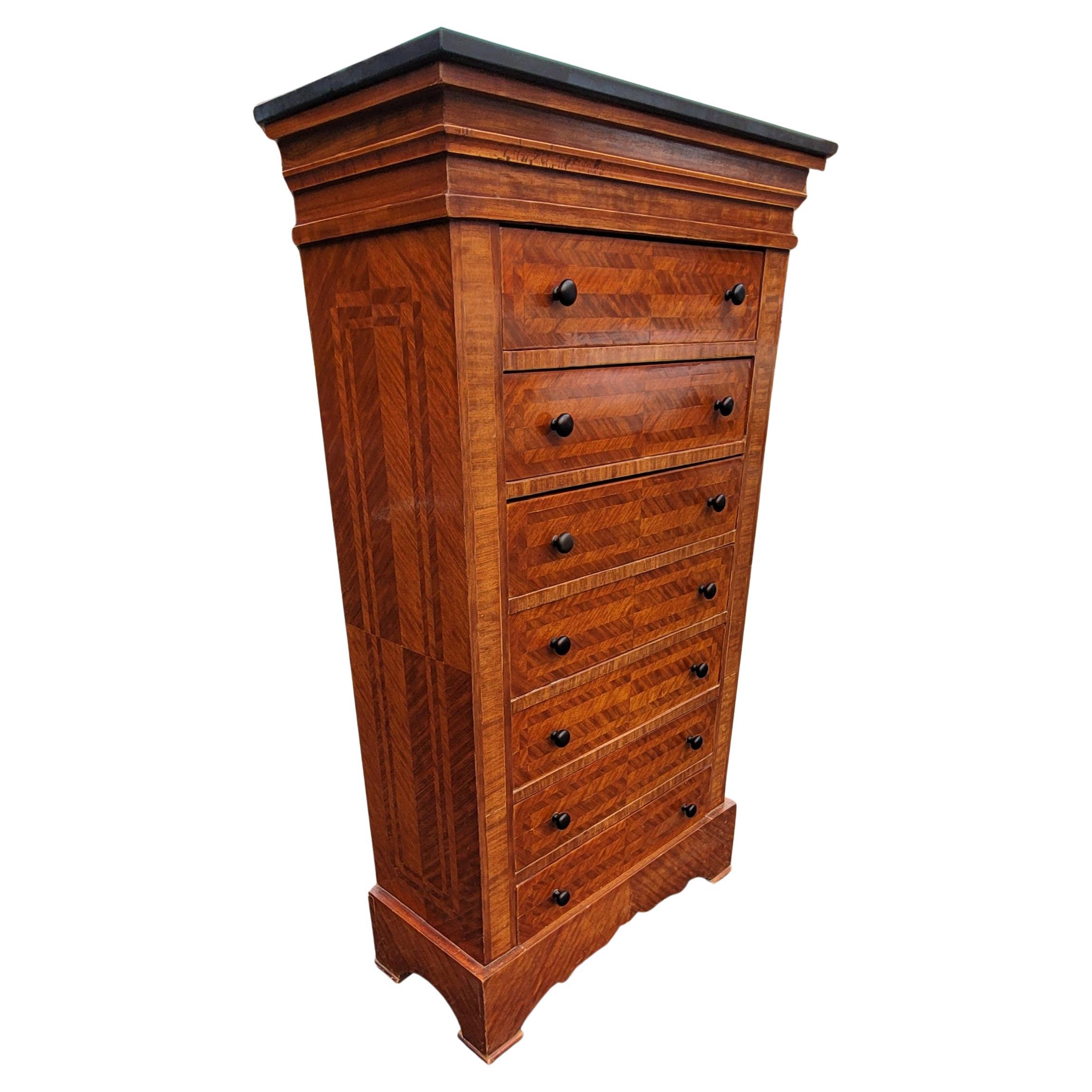 American Early 20th C. George III Style Parquetry Mahogany 7-Drawer Chest with Stone Top For Sale
