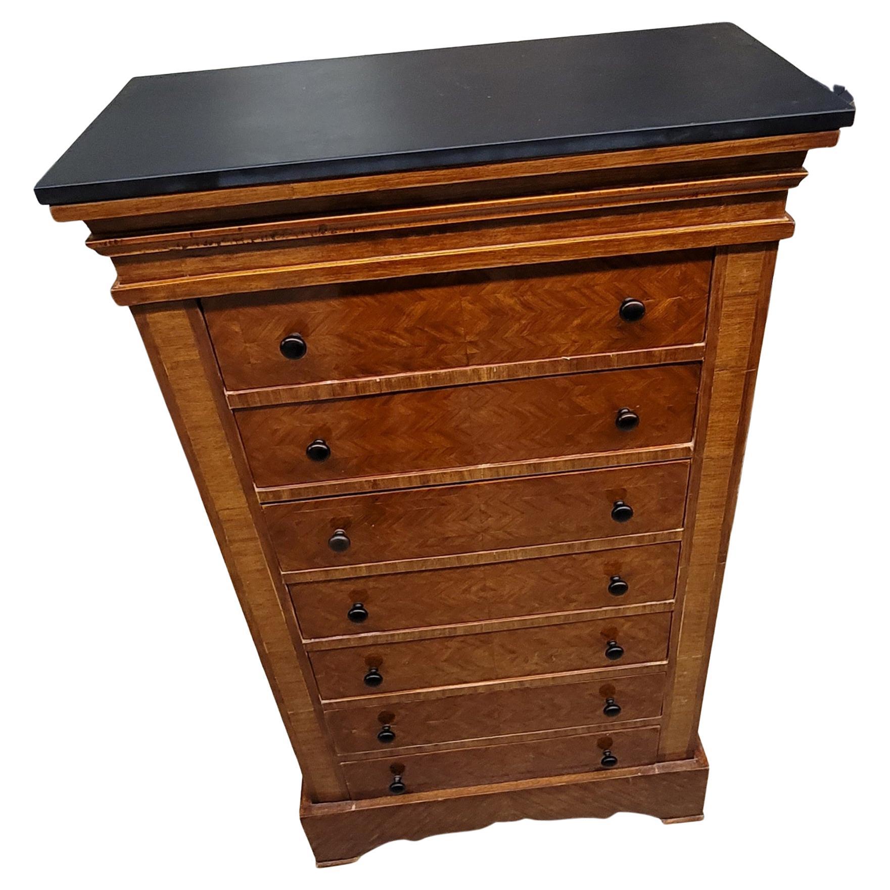 20th Century Early 20th C. George III Style Parquetry Mahogany 7-Drawer Chest with Stone Top For Sale