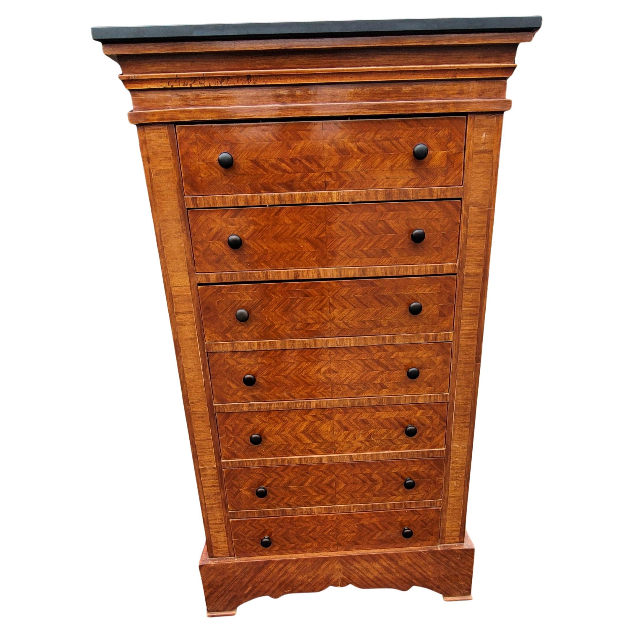 Early 20th C. George III Style Parquetry Mahogany 7-Drawer Chest with Stone Top For Sale 1