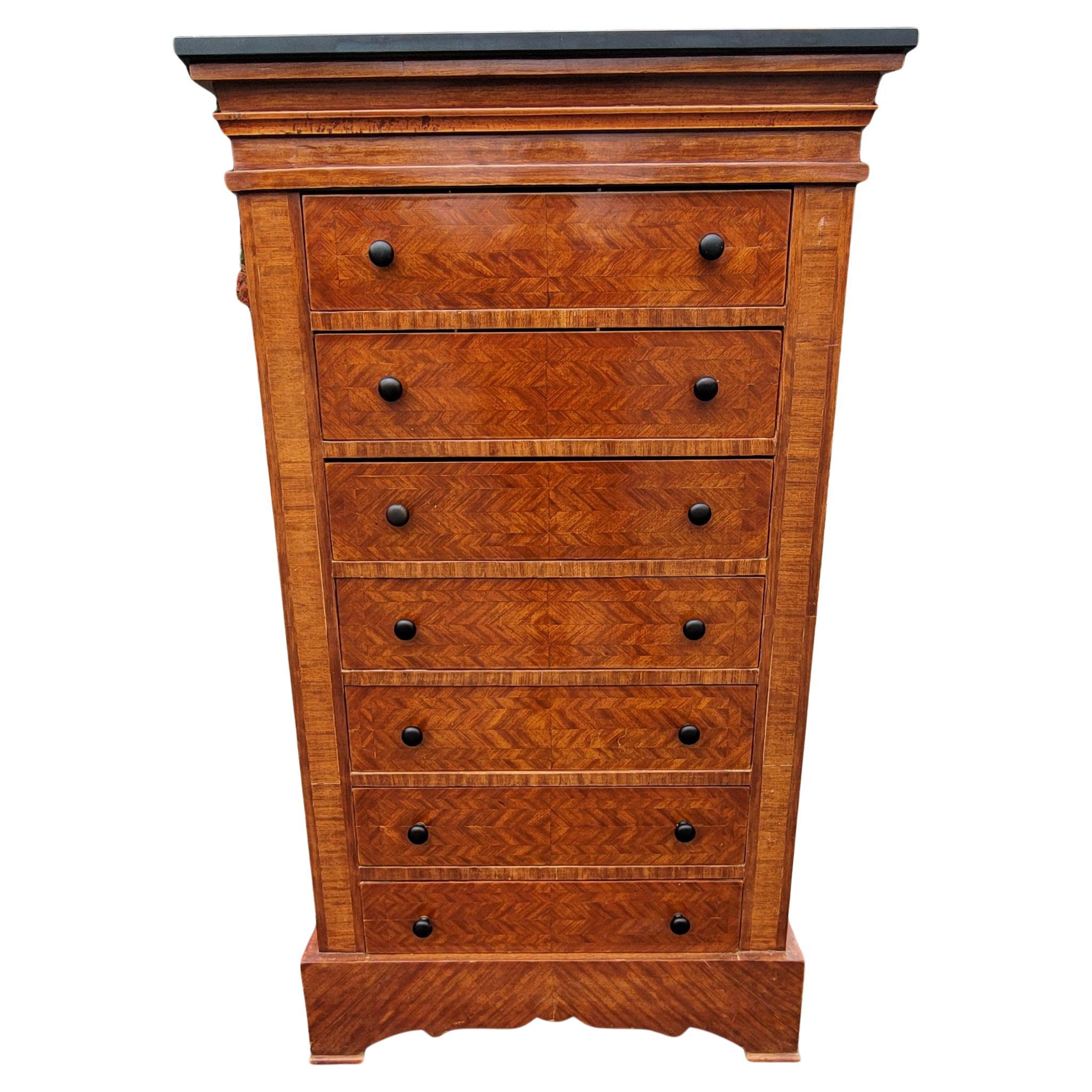 Early 20th C. George III Style Parquetry Mahogany 7-Drawer Chest with Stone Top For Sale