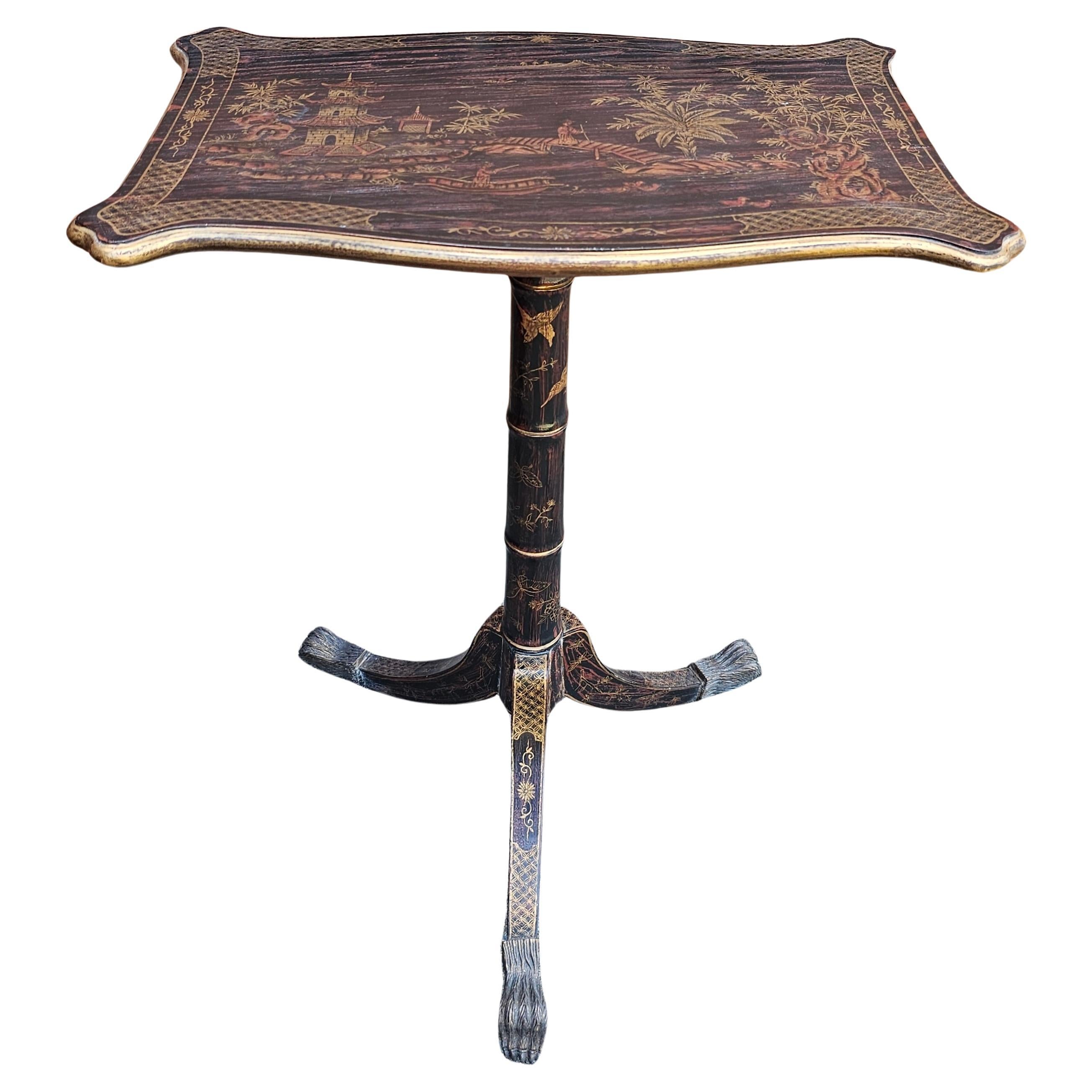 George III Style Partial Gilt and Black Japanned and hand painted and decorated Side Table.  Painted and Decorated throughout.
Measures 22.25