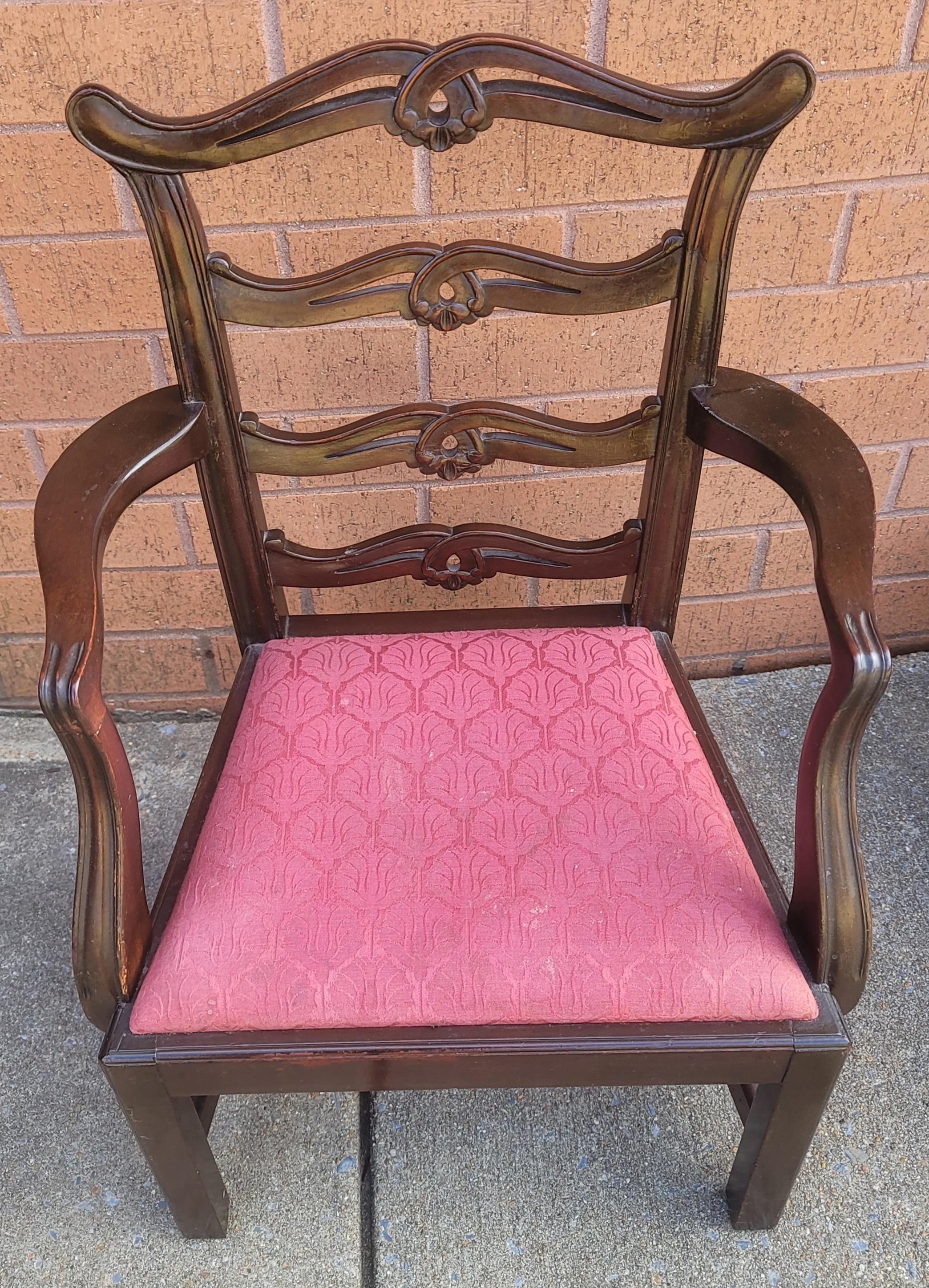 George III Style Pierced Ladder back mahogany & upholstered seat child armchair. Very solid construction. Not just for decorative purpose only, but for use as well.