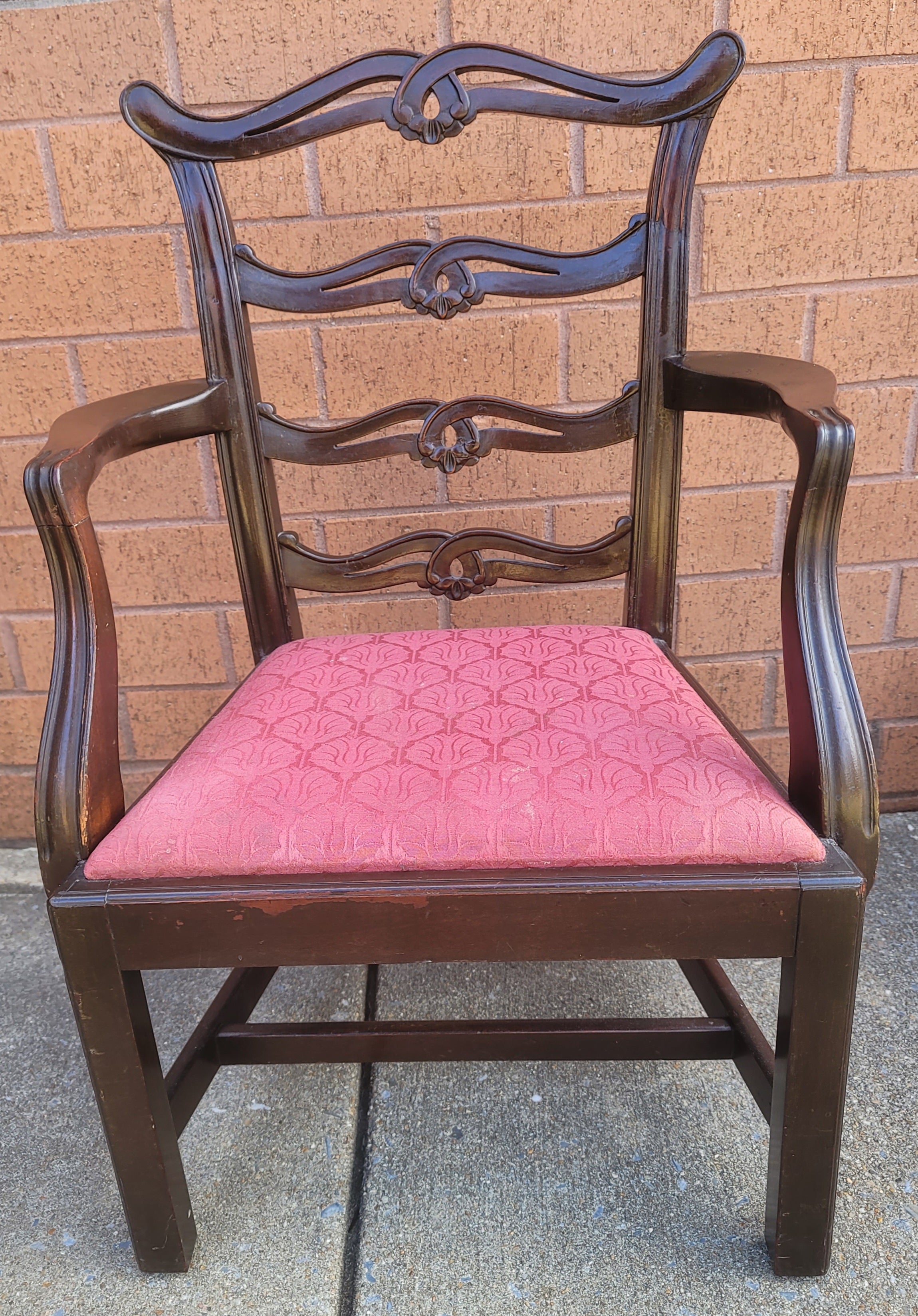 20th Century George III Style Pierced Ladder Back Mahogany & Upholstered Seat Child Armchair For Sale