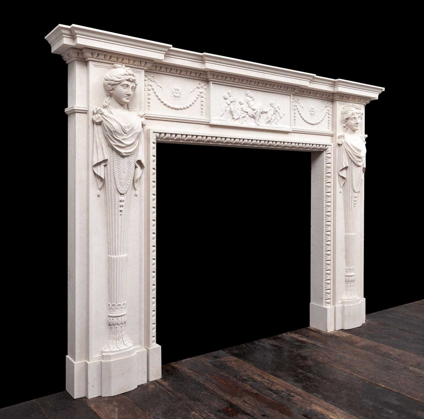 A superb neoclassical George III style Portland stone mantelpiece. The tall and full pilaster length terms with beautifully carved busts of Bacchus and Ariadne.

Delicate swags of bell-flowers tied with ribbons decorate the frieze panels, these