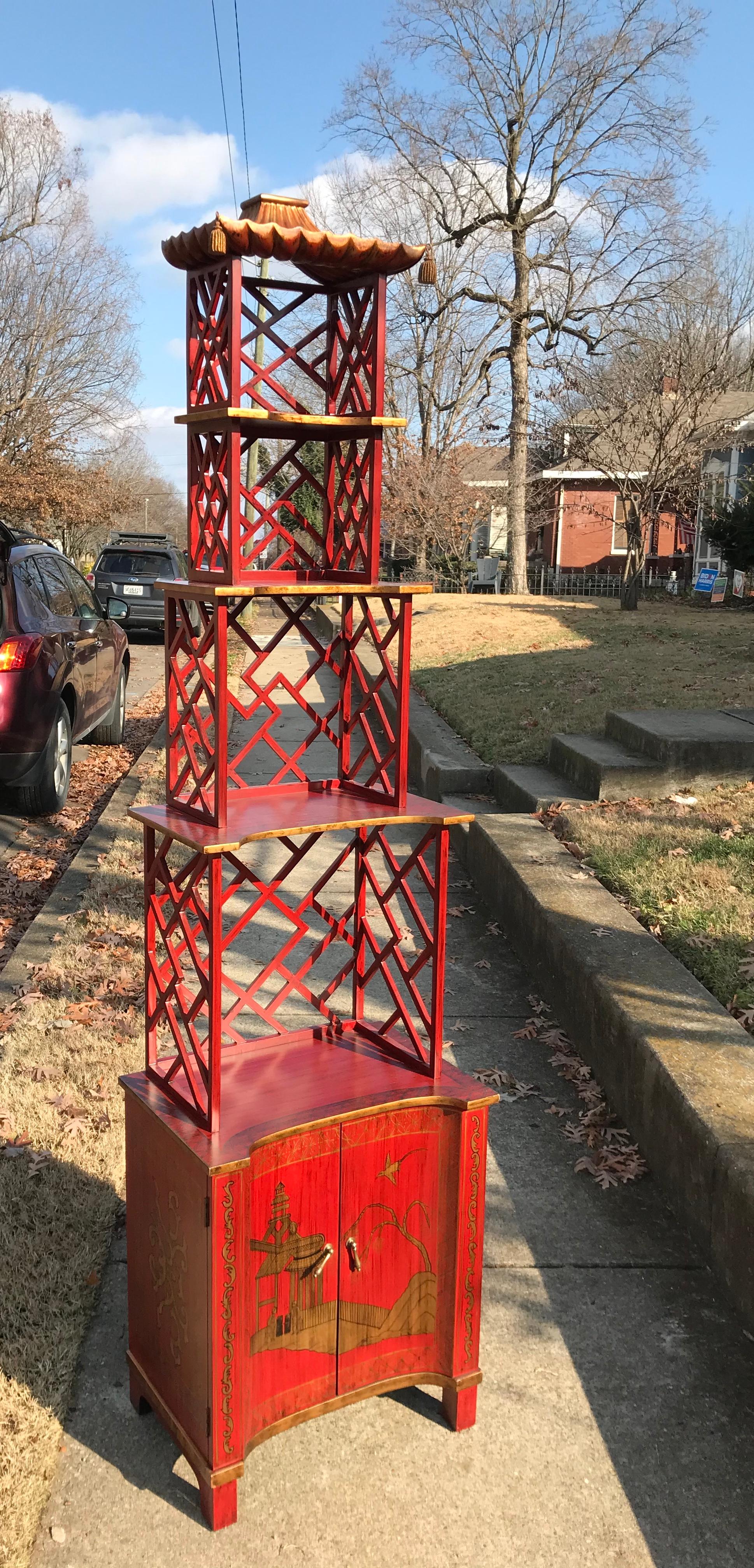 In the Chinese Chippendale style, the gilt pagoda hung with tassels, above four graduated tiers supported with lattice fret, above a pair of concave doors with chinoiseries.

A nearly identical pair adorned the Duchess of Windsor’s dressing room