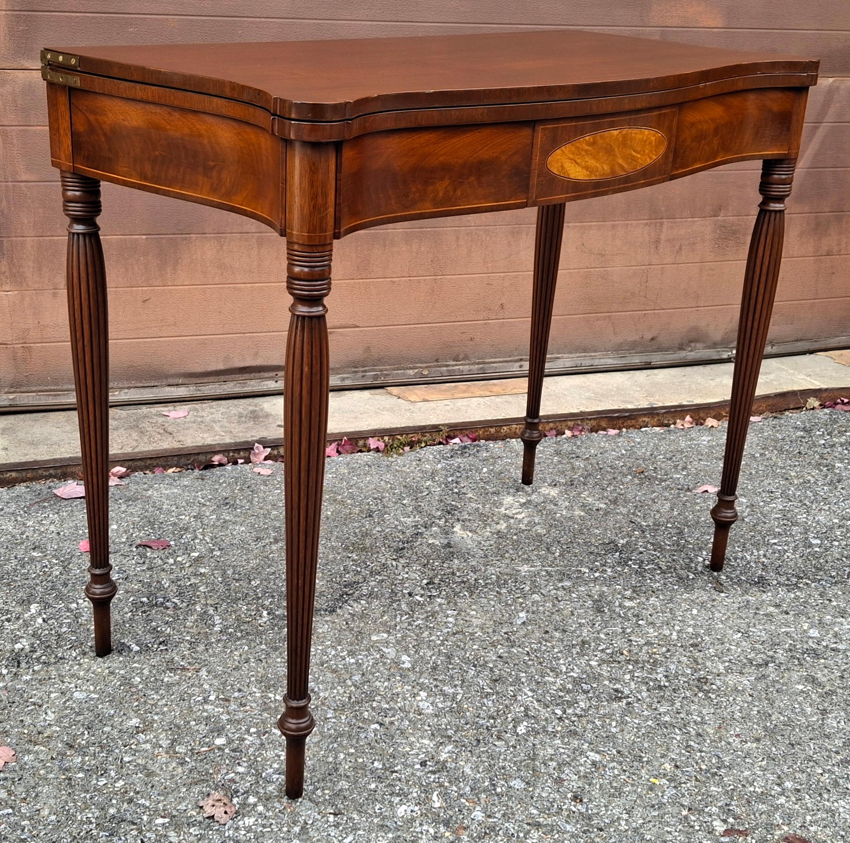 Varnished George III Style Satinwood Inlaid Mahogany Fold Top Game Console Table For Sale