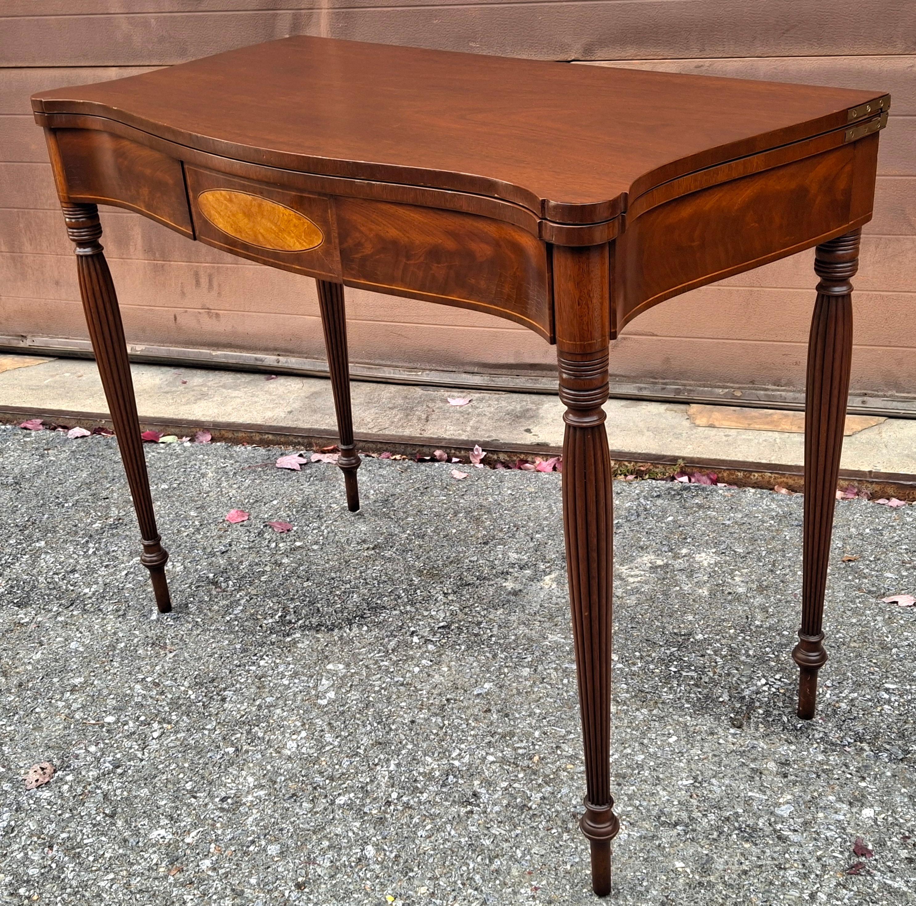20th Century George III Style Satinwood Inlaid Mahogany Fold Top Game Console Table For Sale