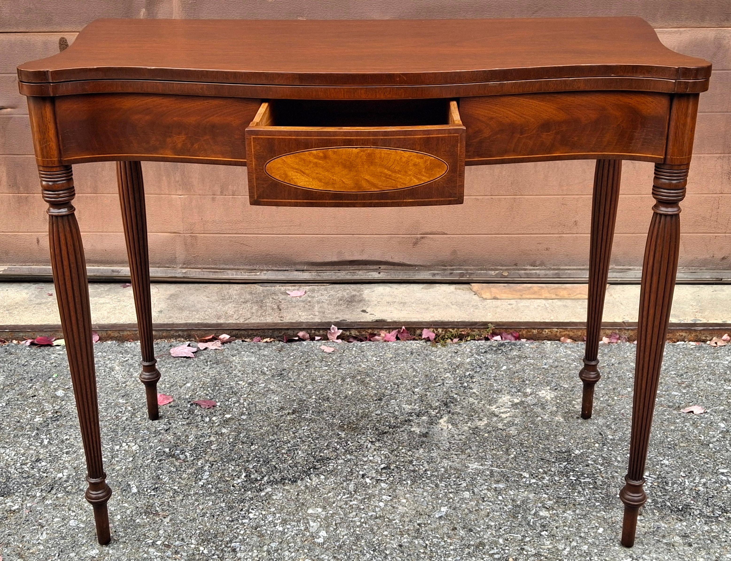 George III Style Satinwood Inlaid Mahogany Fold Top Game Console Table For Sale 1