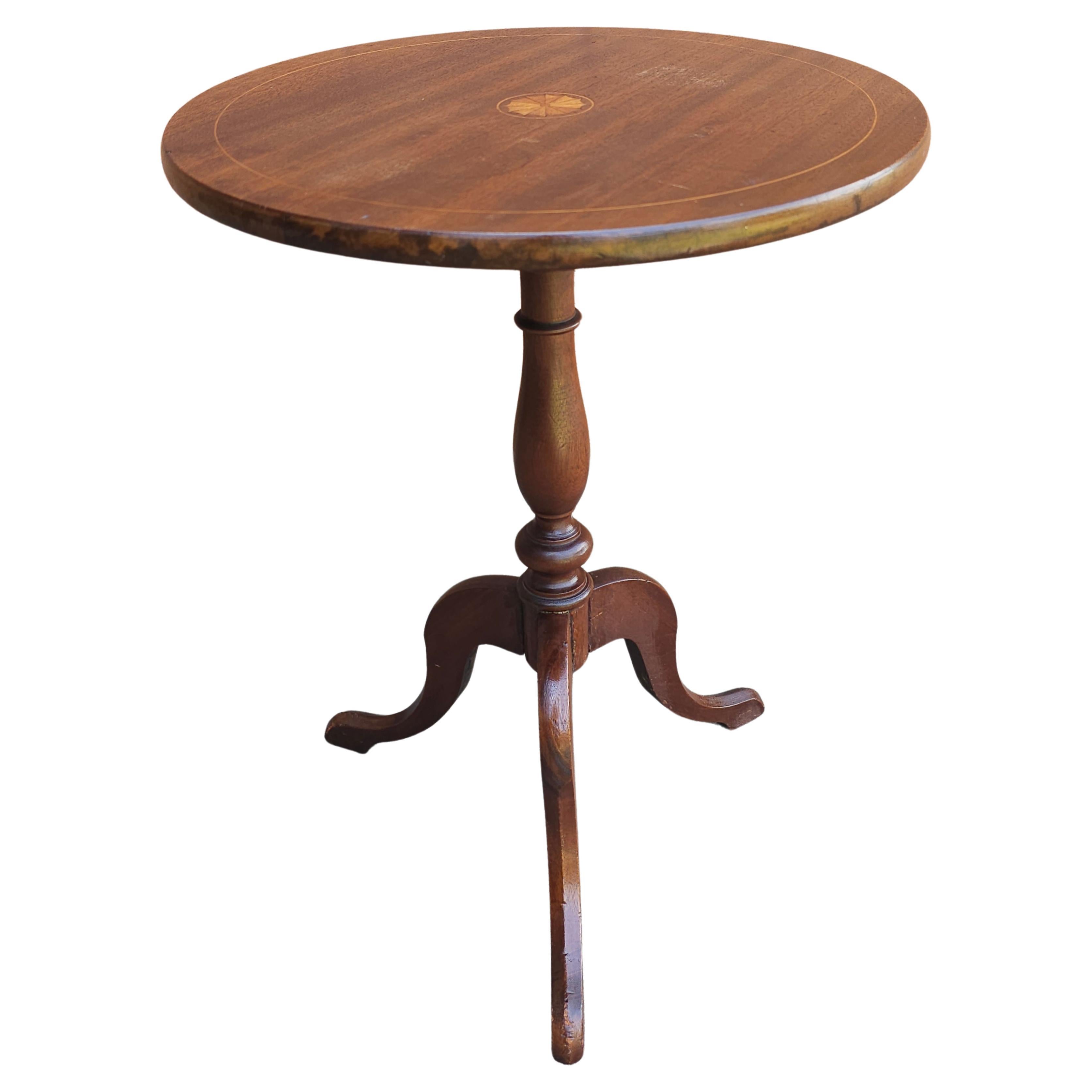 George III Style Satinwood Inlaid Mahogany Tilt Top Candle Stand / Side Table