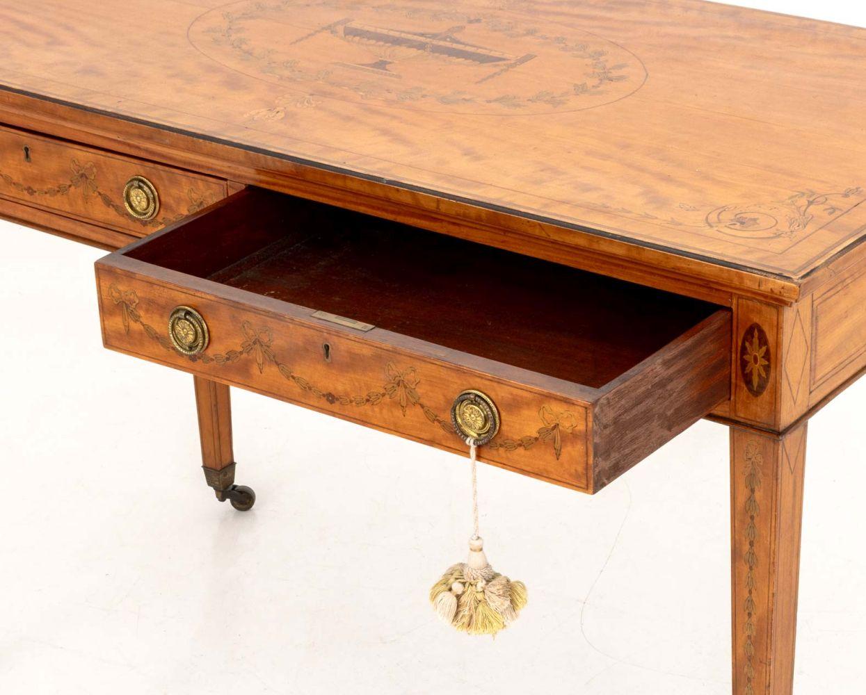 Brass George III Style Satinwood Marquetry Console Table For Sale