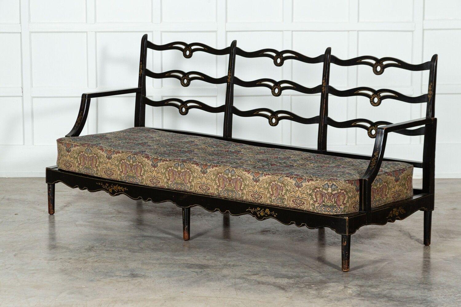 George III Style Sprung Ebonised Oak Parcel Gilt Sofa In Good Condition For Sale In Staffordshire, GB