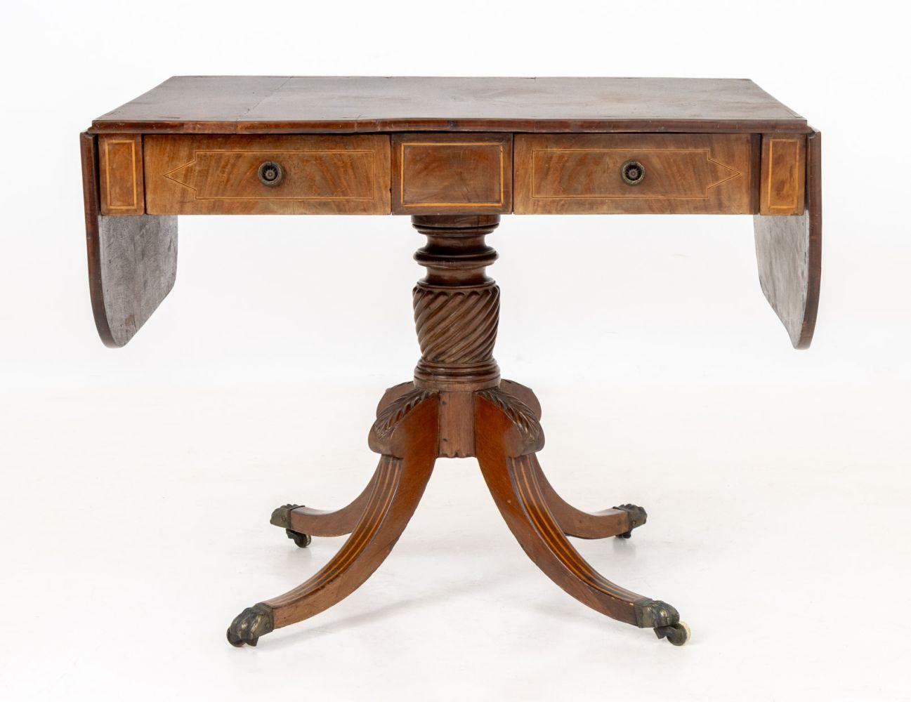 George III Style String Inlaid Mahogany Sofa Table In Good Condition For Sale In Astoria, NY