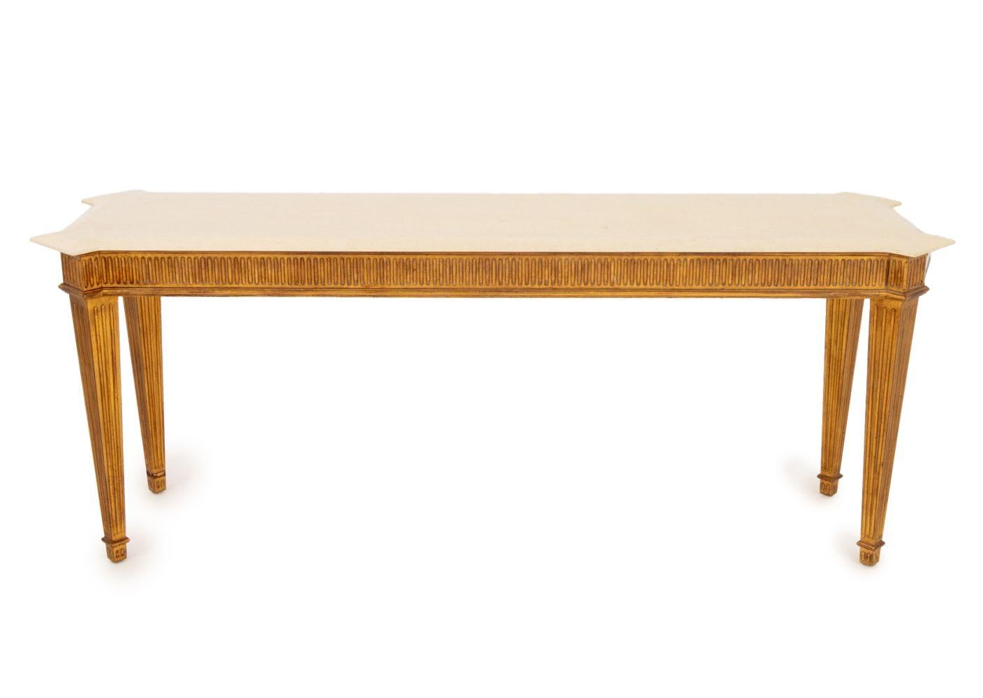 George III Style Travertine Top Giltwood Console Table, with four fluted tapered legs.

29.75