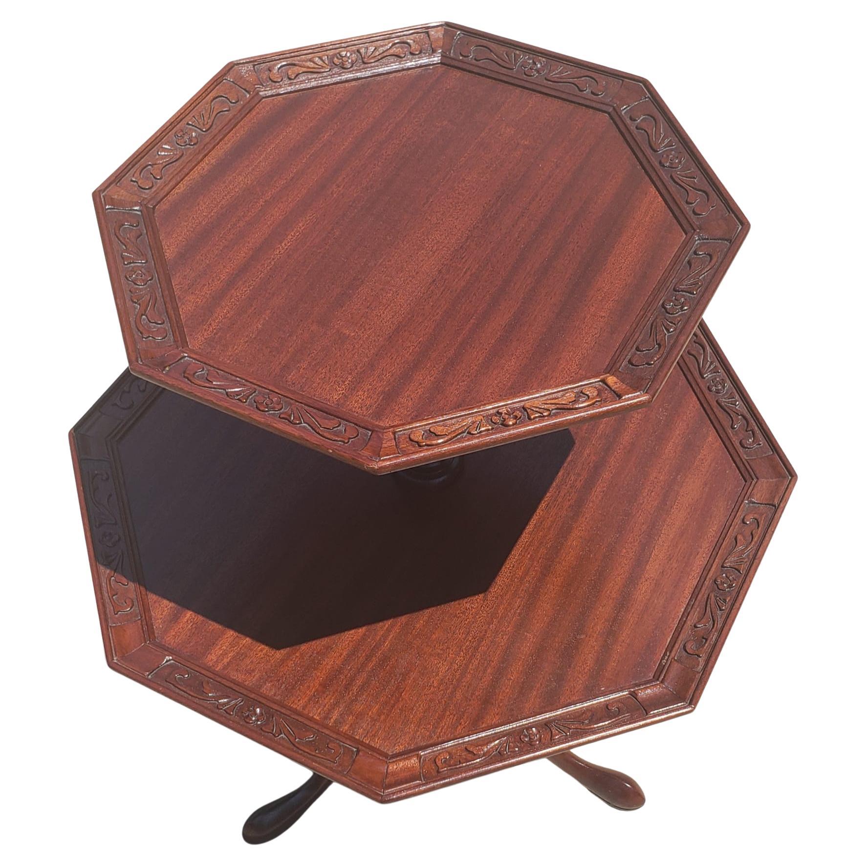 An exquisite George III Style  Two-Tier Mahogany Carved Hexagonal dump waiter from the 1940s in very good vintage condition. Measures 25.5