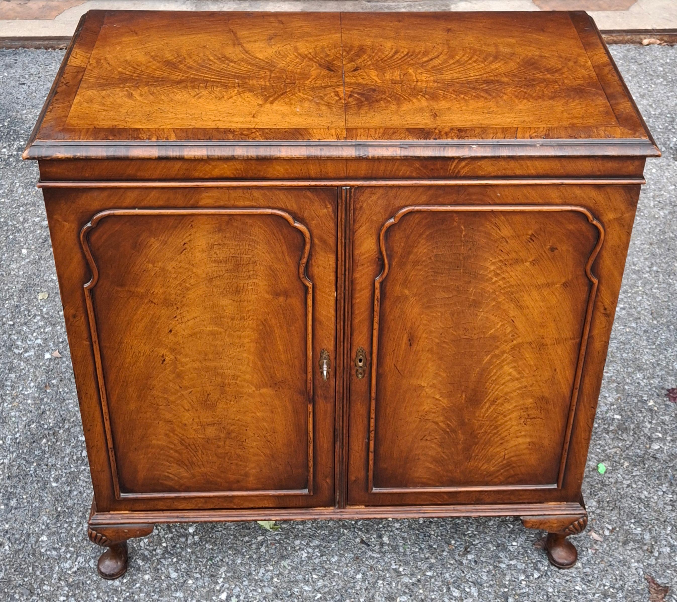 20th Century George III Style Crotch Walnut Double Door 4-Drawer Locking Filing Cabinet For Sale
