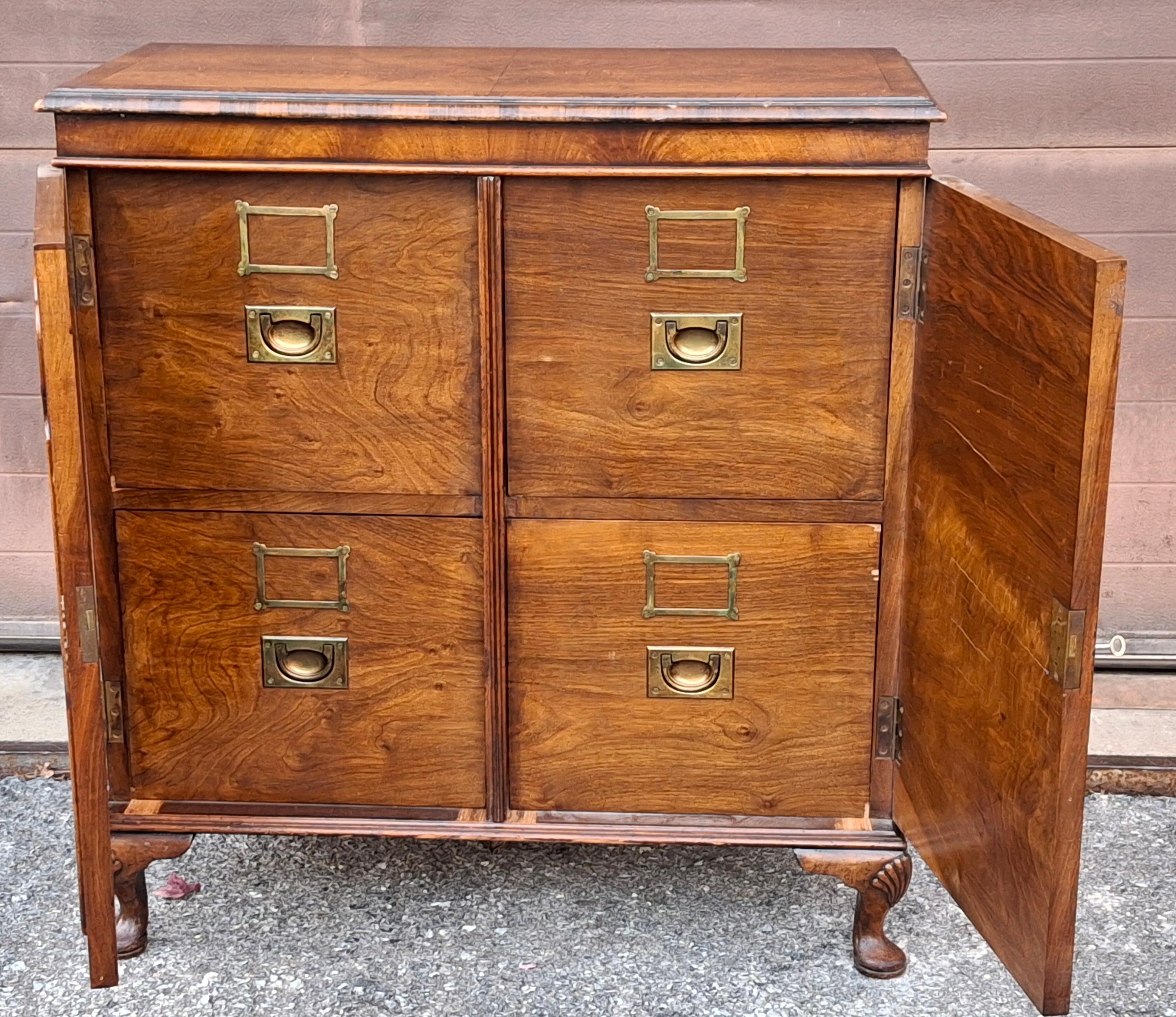George III Style Crotch Walnut Double Door 4-Drawer Locking Filing Cabinet For Sale 2