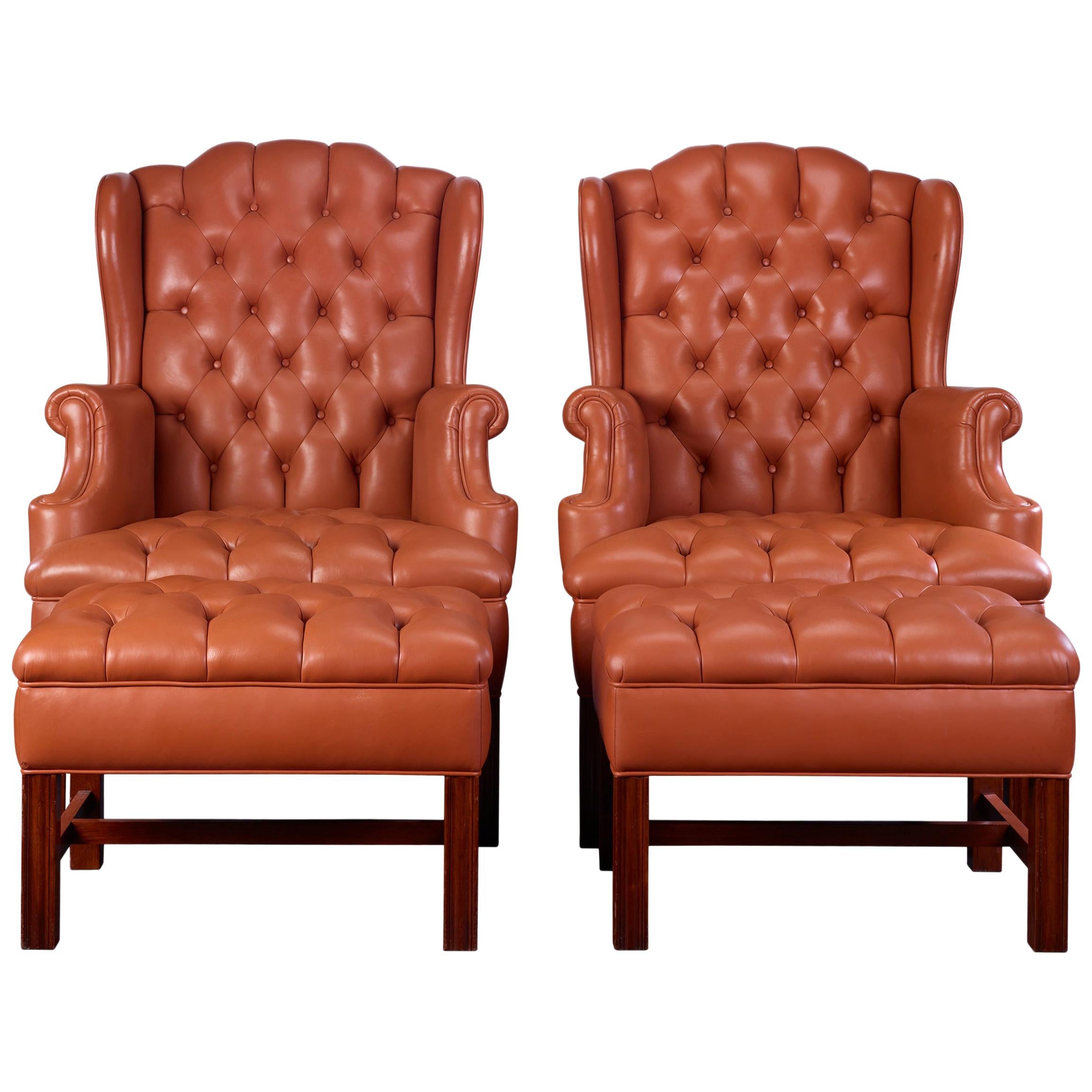 George III-Style Wingback Chairs with Ottomans