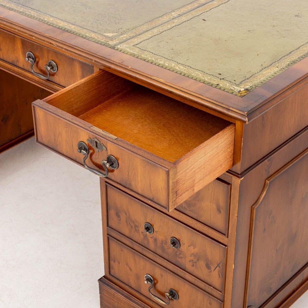 Gilt George III Style Yewood Pedestal Desk For Sale