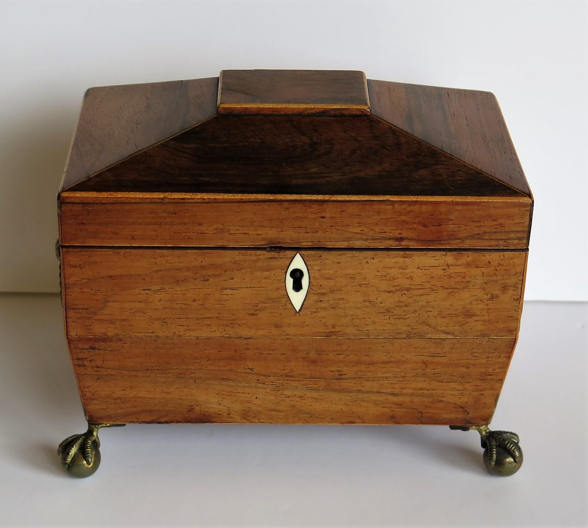 George III Tea Caddy Rosewood with Boxwood edges on Ball and Claw Feet In Good Condition In Lincoln, Lincolnshire