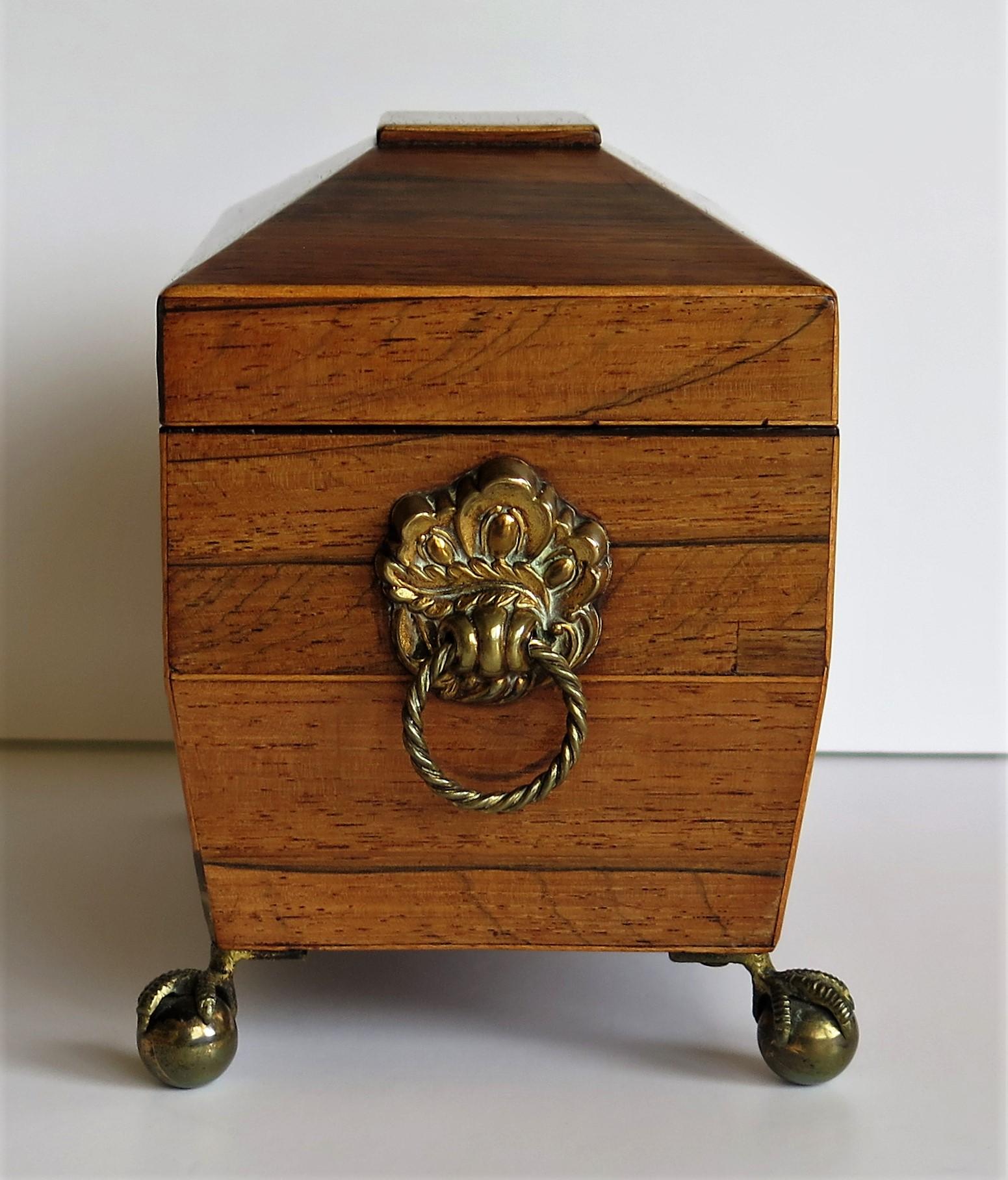 19th Century George III Tea Caddy Rosewood with Boxwood edges on Ball and Claw Feet