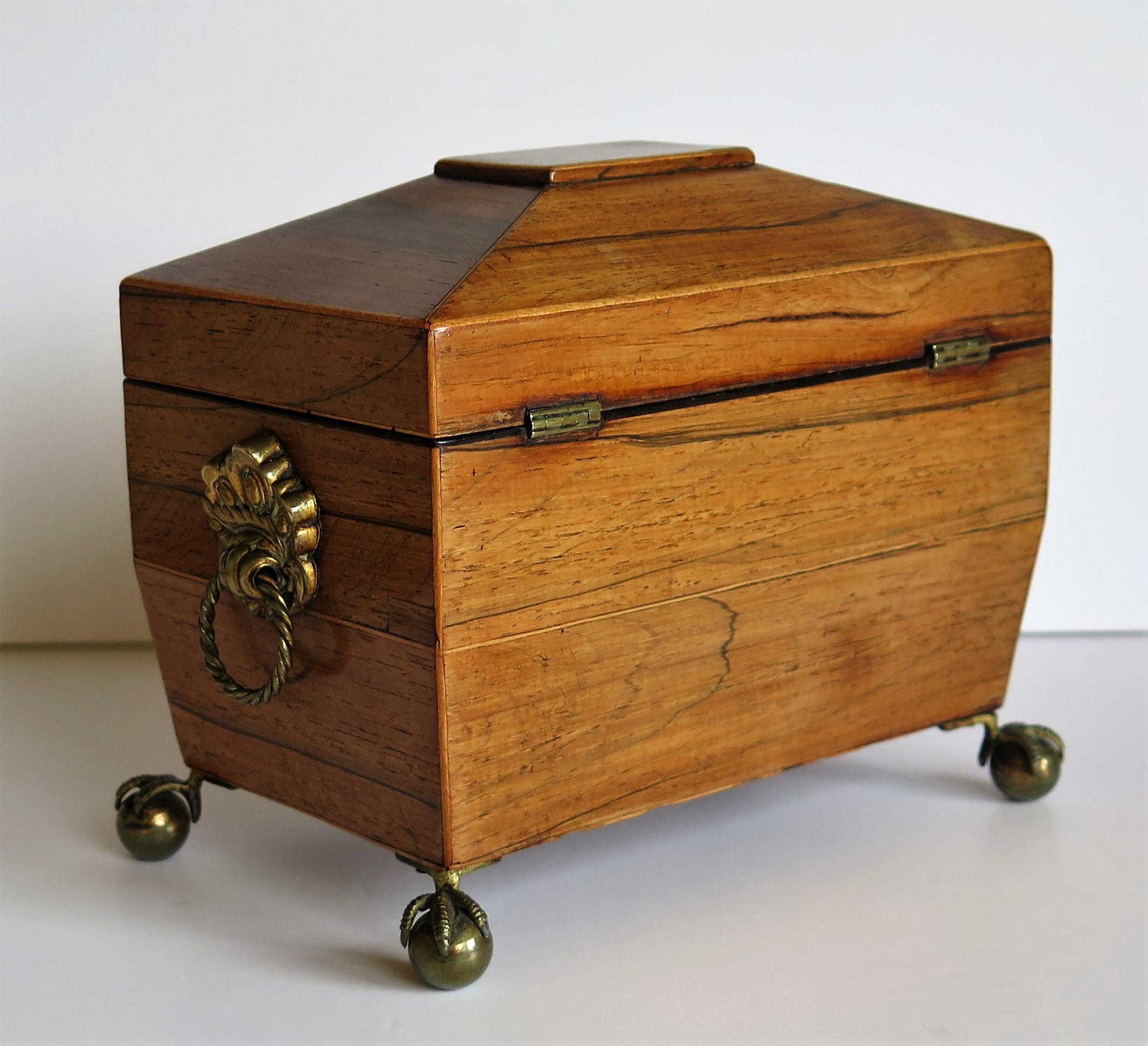 Brass George III Tea Caddy Rosewood with Boxwood edges on Ball and Claw Feet