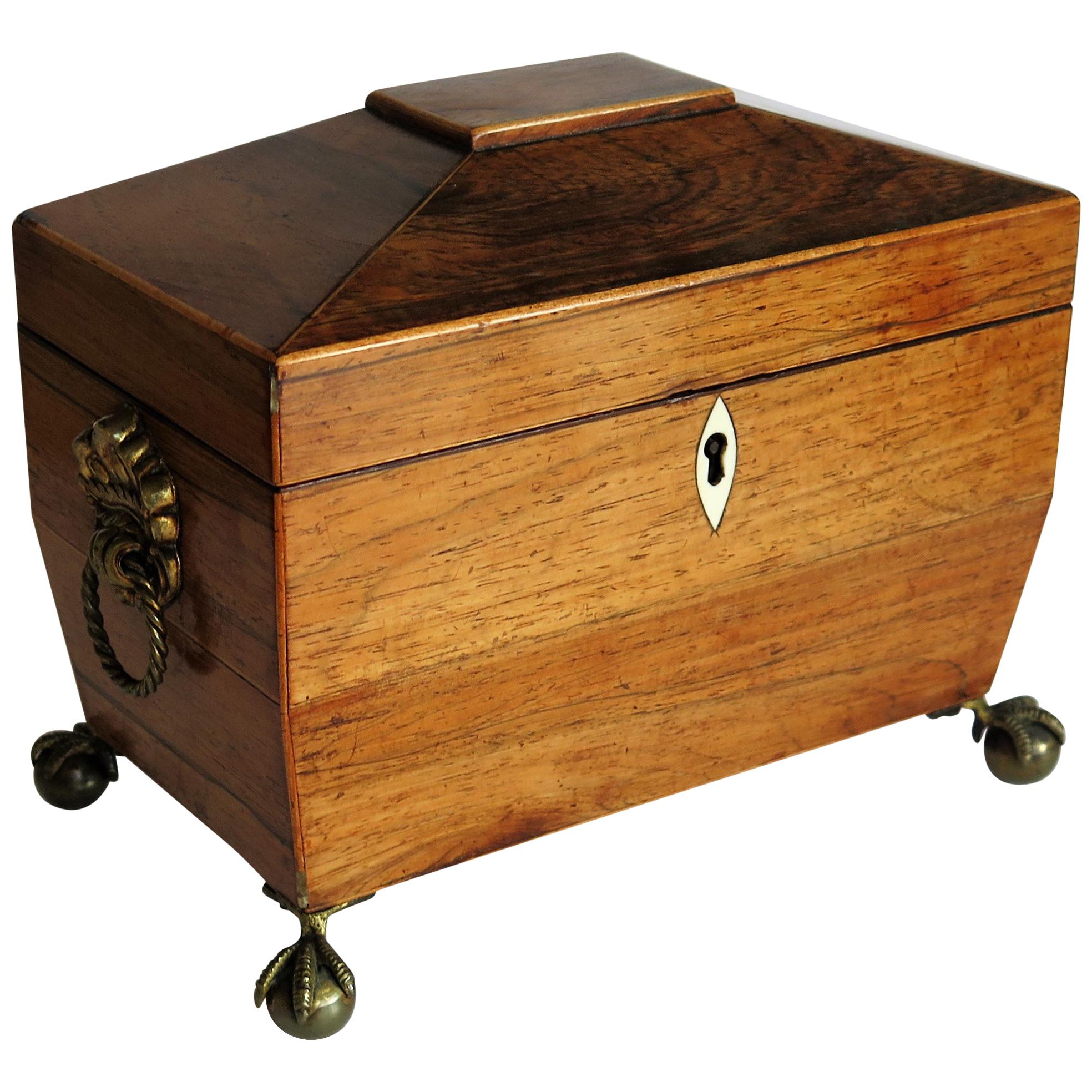 George III Tea Caddy Rosewood with Boxwood edges on Ball and Claw Feet