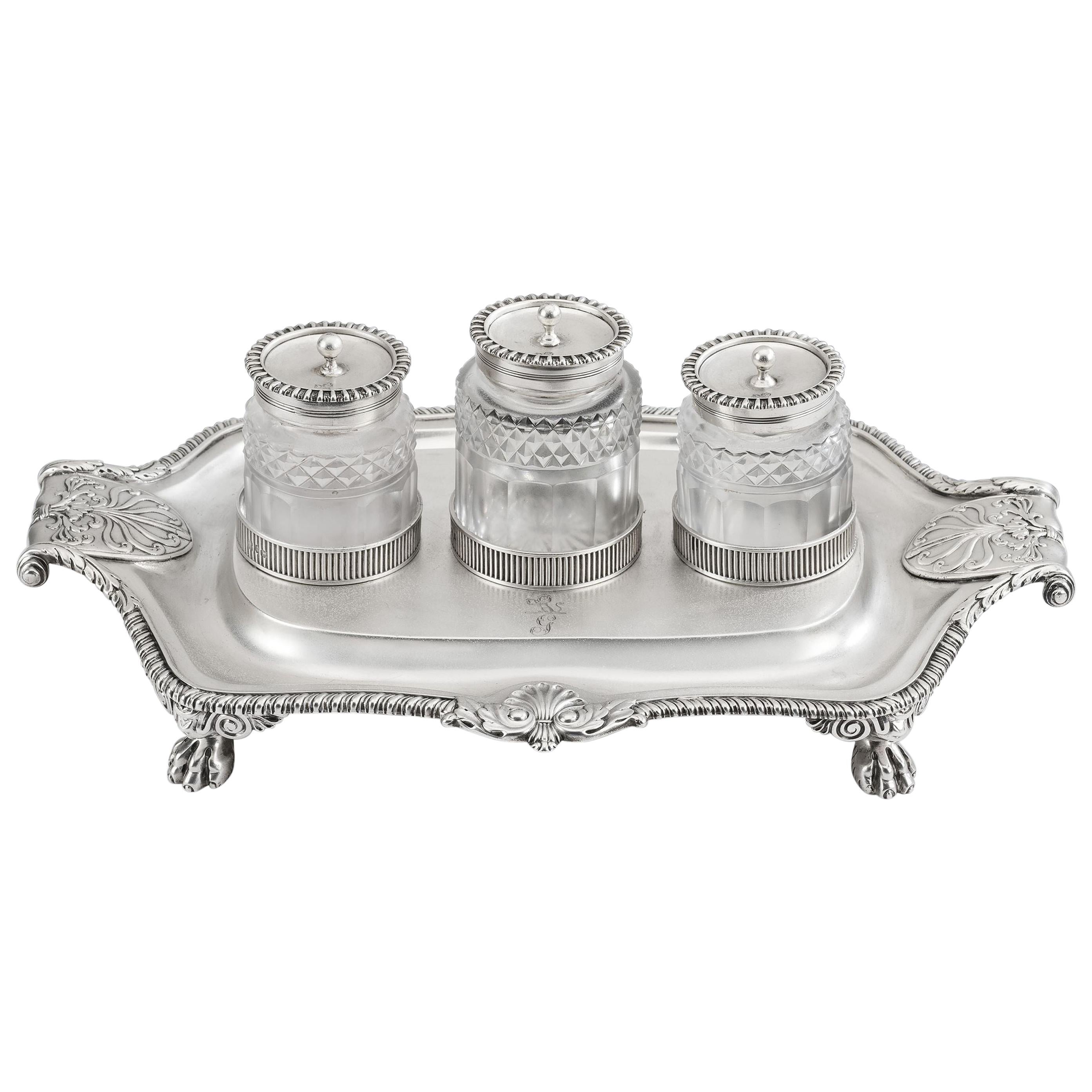 George III Three Bottle Inkstand Made in London in 1810 by Emes & Barnard For Sale