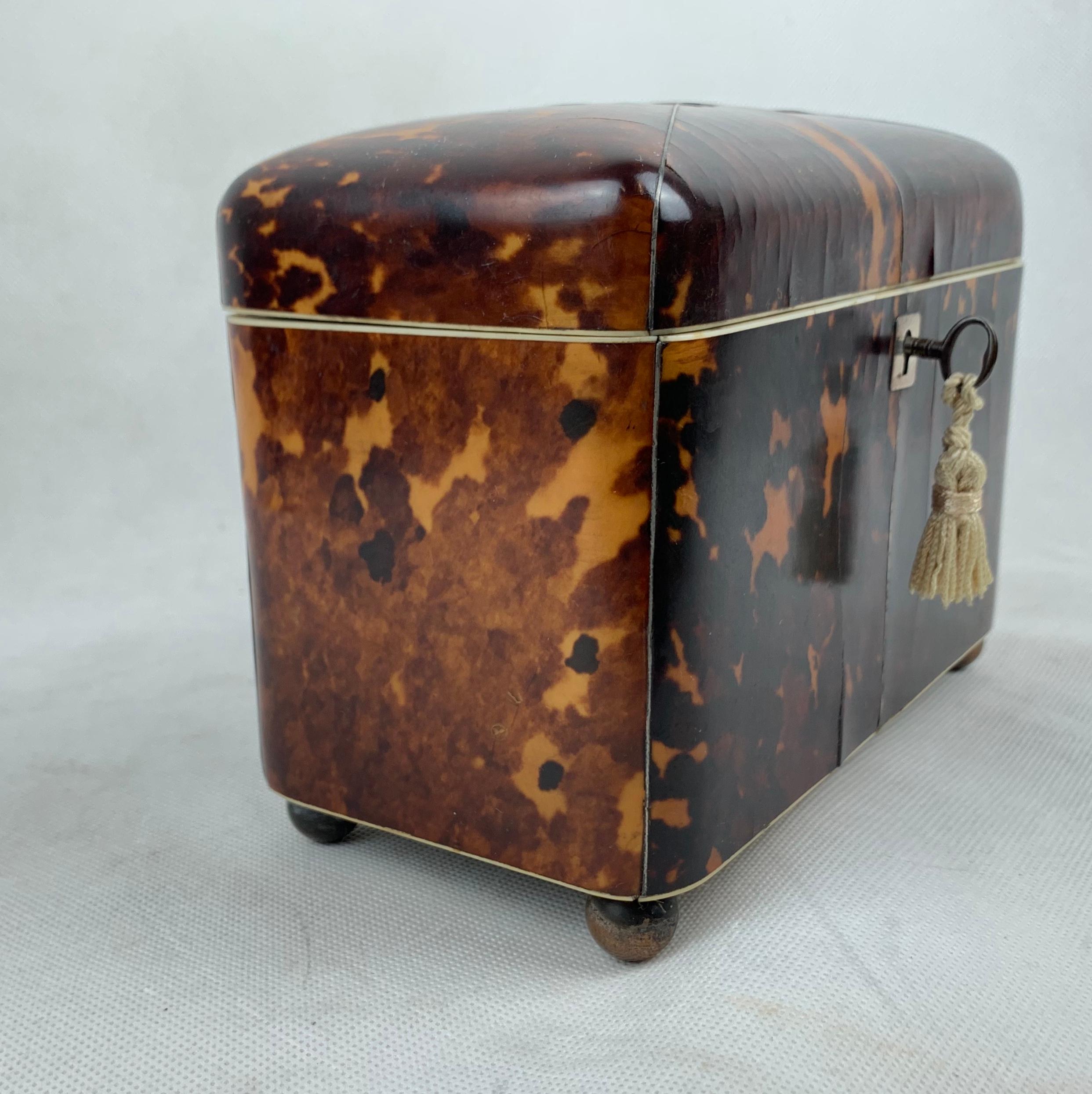 Silver George III Tortoiseshell Tea Caddy Dome lid, Two Compartment with Key