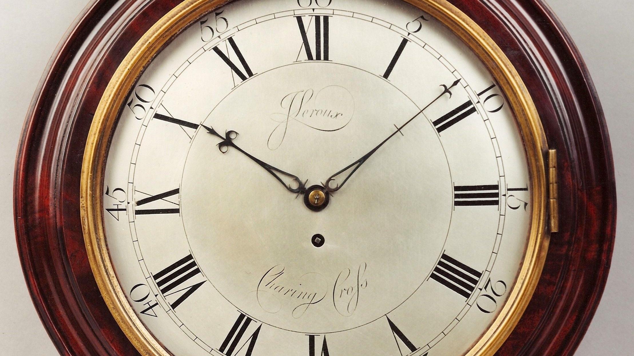English Antique George III Mahogany Wall Clock by John Leroux of Charing Cross London