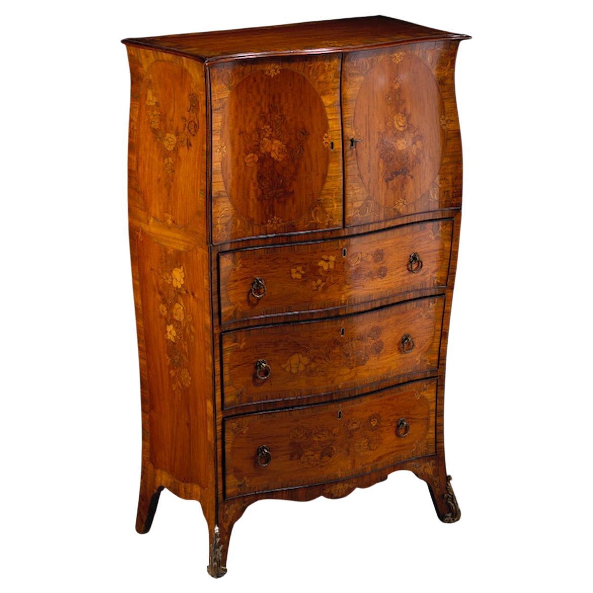 George III Yew Wood, Satinwood and Floral Marquetry Bombe Secretaire Cabinet For Sale