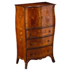 George III Yew Wood, Satinwood and Floral Marquetry Bombe Secretaire Cabinet