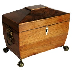 Antique George III Tea Caddy Mahogany with Boxwood Edges on Ball and Claw Feet