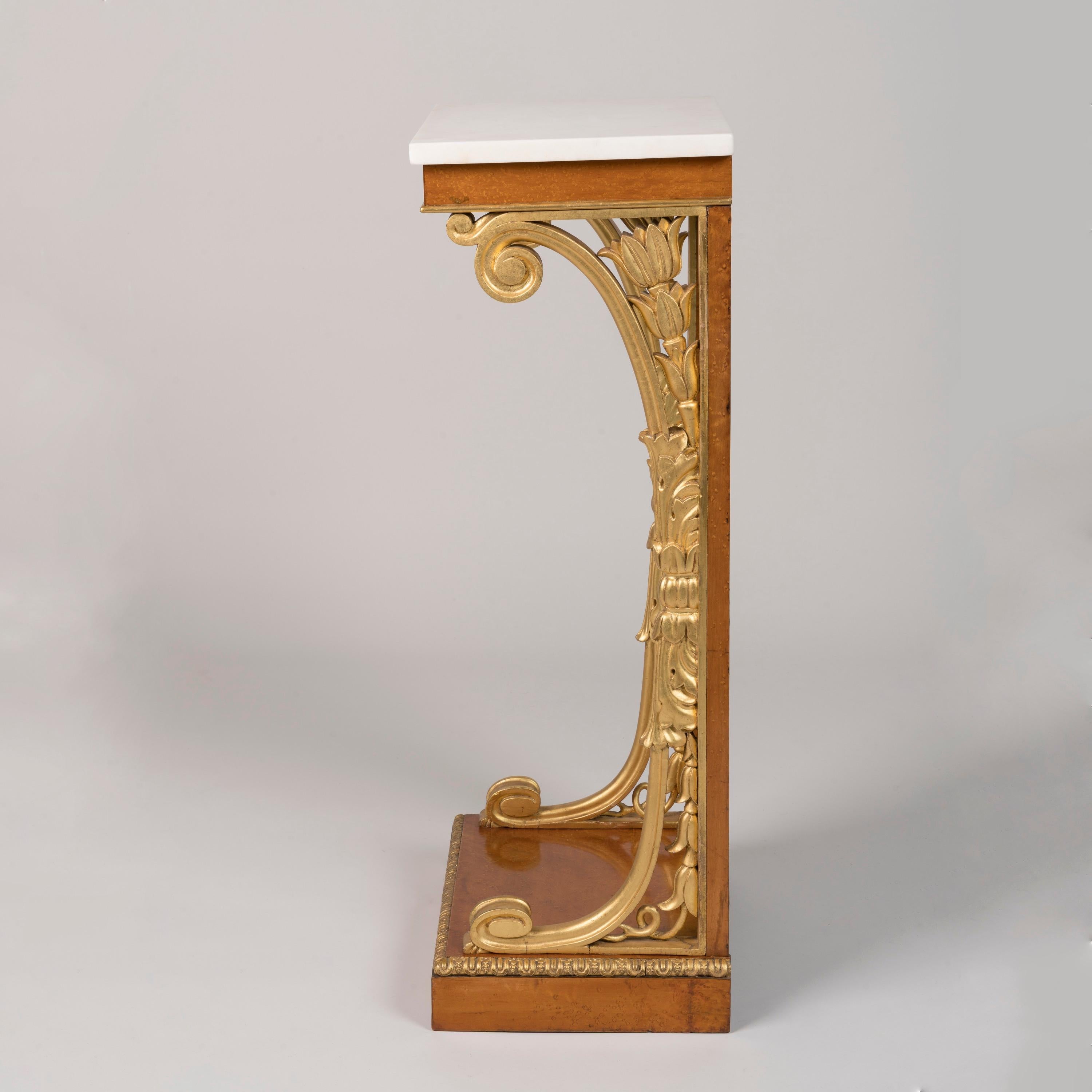 English George IV Amboyna and Parcel Gilt Console Table with Marble Top, Circa 1825 For Sale