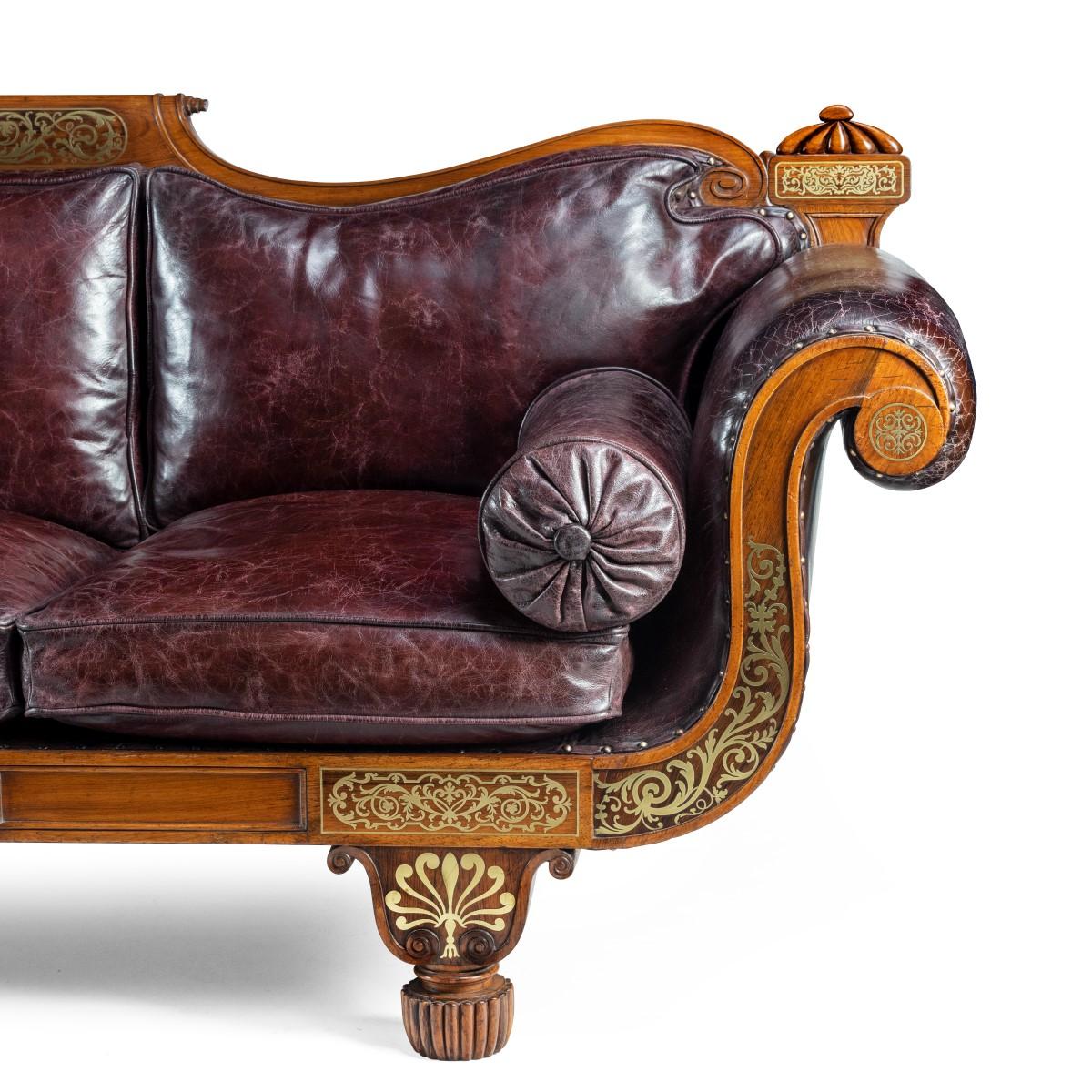 Early 19th Century George IV Brass Inlaid Rosewood Country House Three-Seat Sofa For Sale