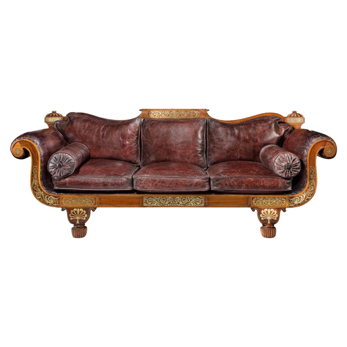 George IV Brass Inlaid Rosewood Country House Three-Seat Sofa For Sale
