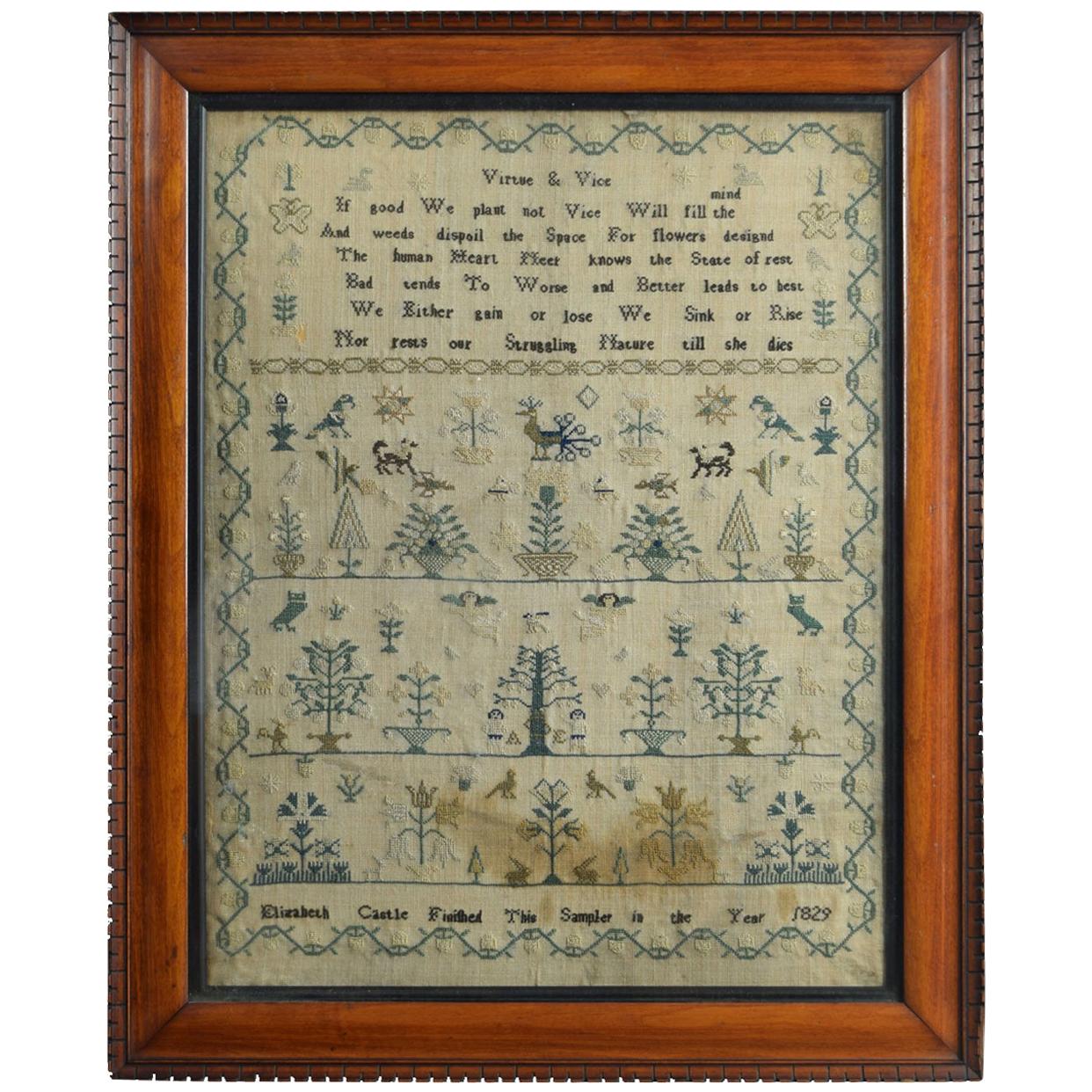 George IV English Embroidered Needlework Tapestry Sampler by Elizabeth Castle