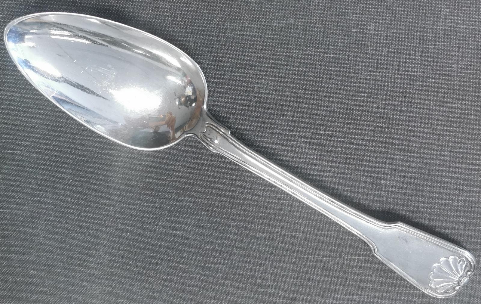 George IV, Irish sterling silver Kings pattern serving spoon,
Dublin, 1827,
Makers mark SN (Samuel Neville),
small ding in the bowl,
3.7 ounces, 105 grams.