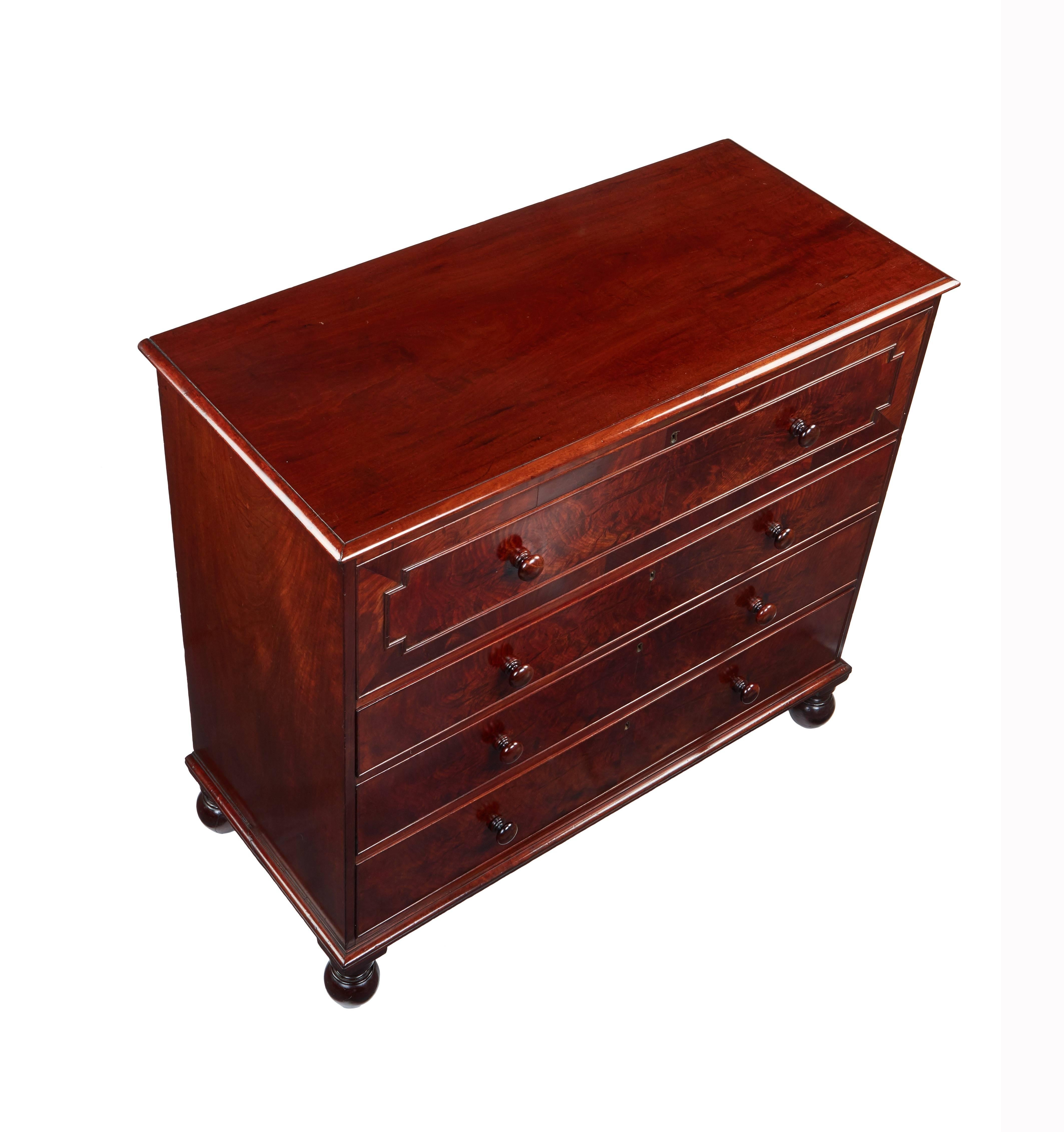 A George IV mahogany and crossbanded chest attributed to Gillows
The rectangular moulded top above a panelled deep drawer and three long graduated drawers, on turned bun feet, with rosewood turned handles, 120cm wide, 55cm deep, 109cm high.

This